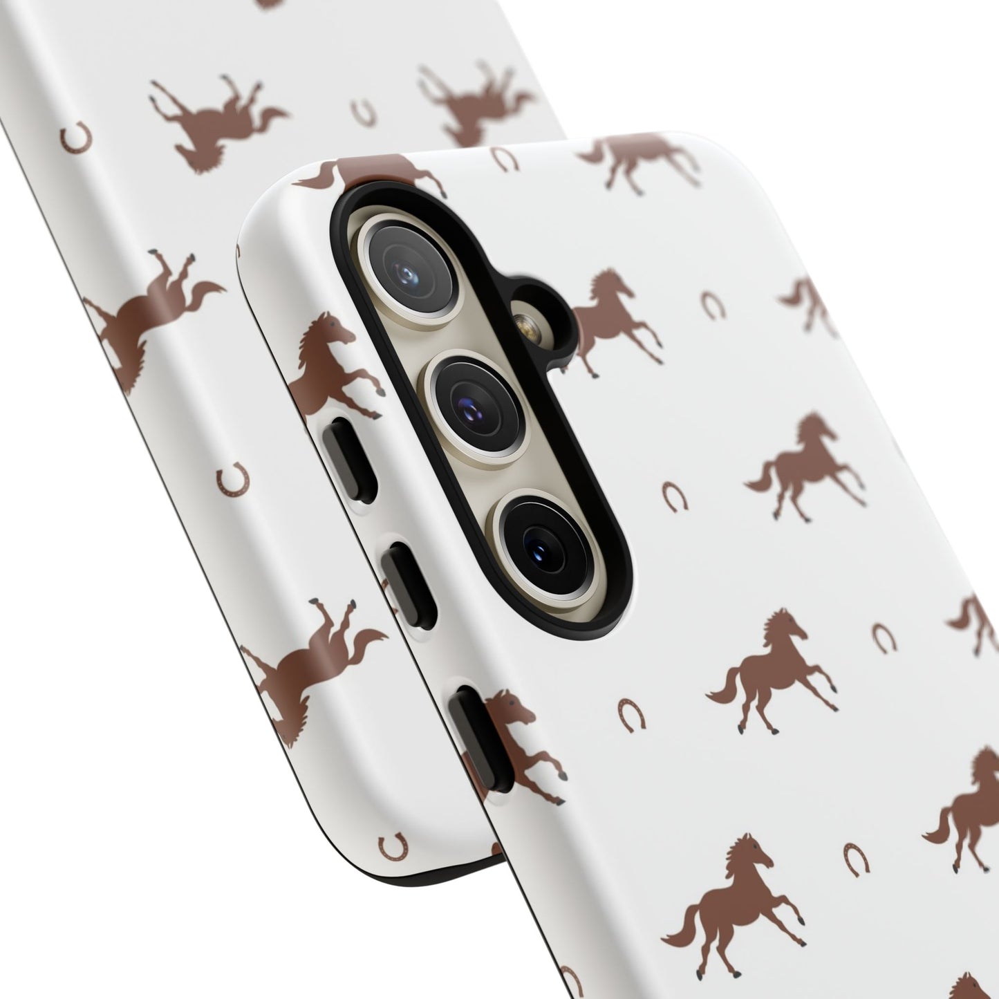 Horse Pattern Tough Phone Case — Brown Galloping Horses & Horseshoes on White