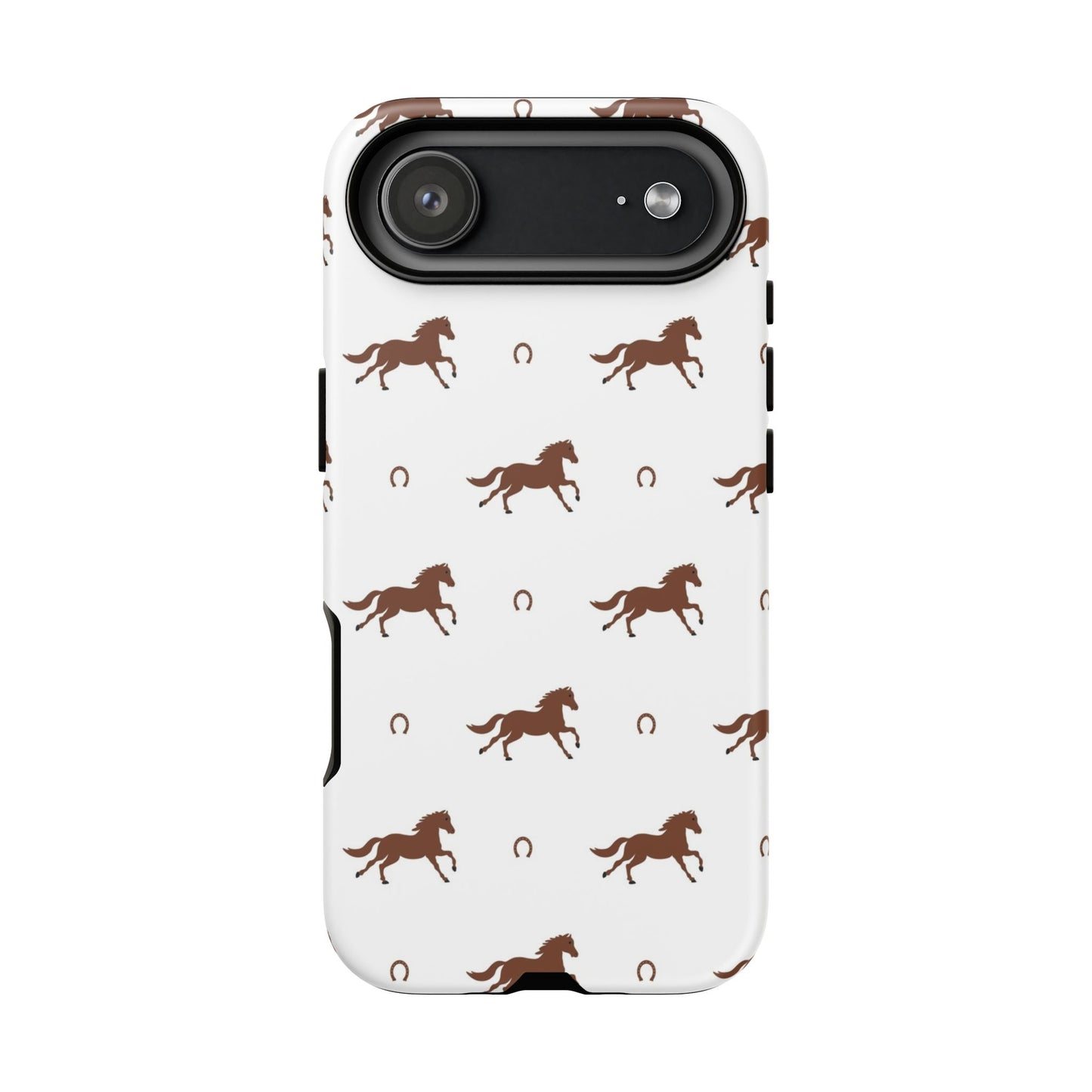 Horse Pattern Tough Phone Case — Brown Galloping Horses & Horseshoes on White