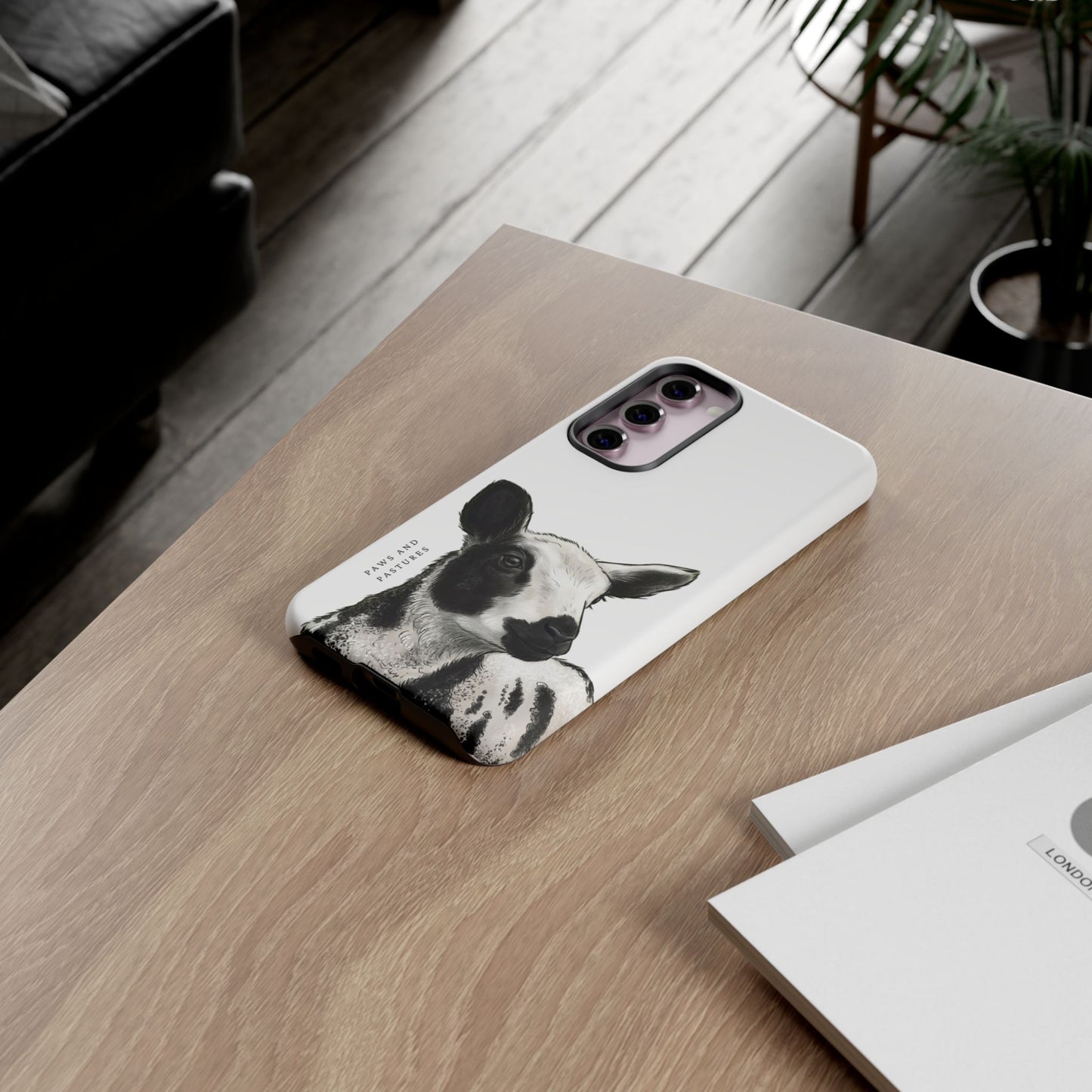 Dutch Spotted Sheep Portrait Phone Case - Black & White Lamb Illustration Protective Cover