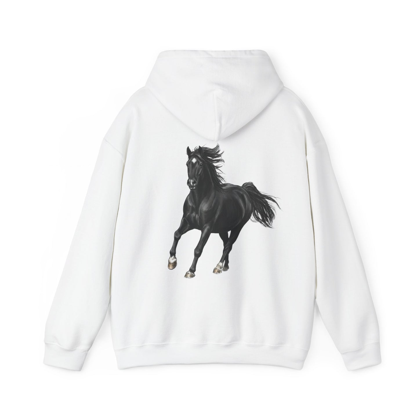 Horse Graphic Hoodie — Black Stallion Back Print, Minimal Front Text