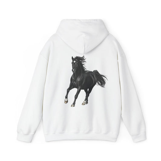 Horse Graphic Hoodie — Black Stallion Back Print, Minimal Front Text