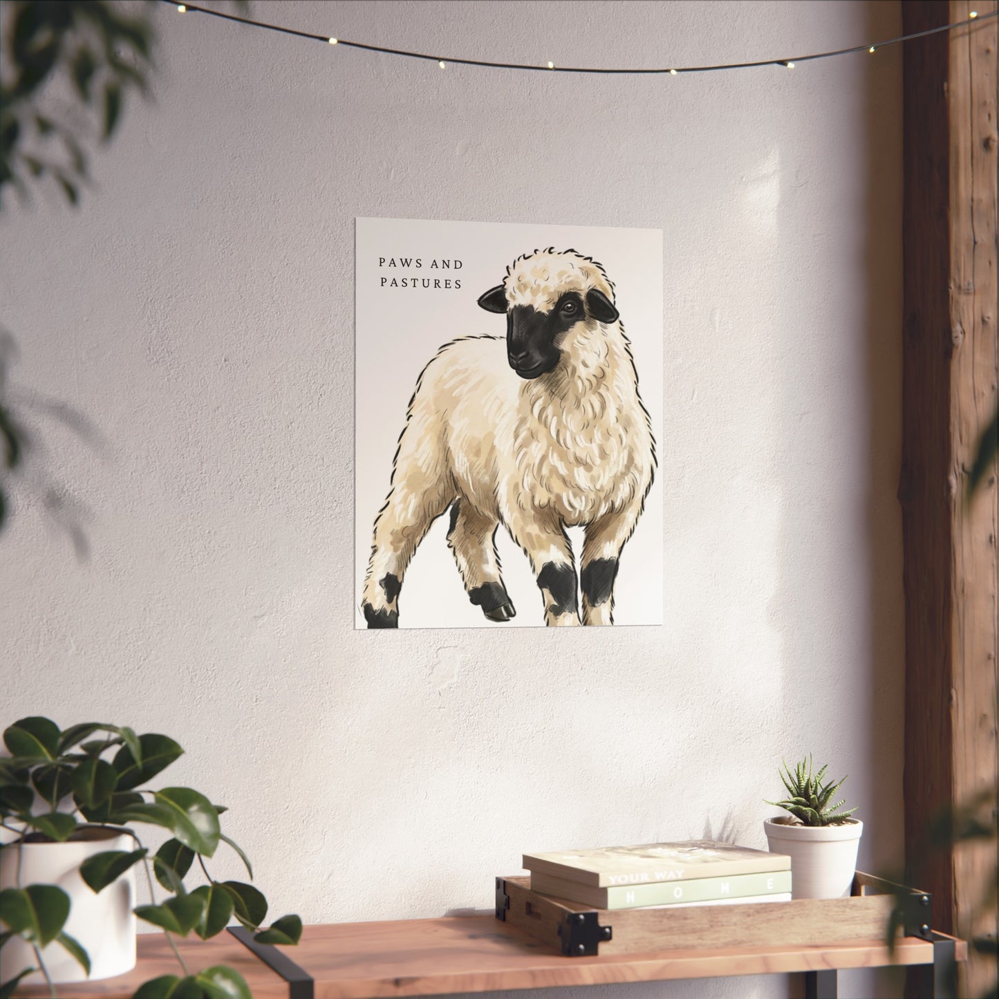 Valais Blacknose Sheep Portrait Fine Art Poster — 'Paws and Pastures' Rustic Farmhouse Wall Art