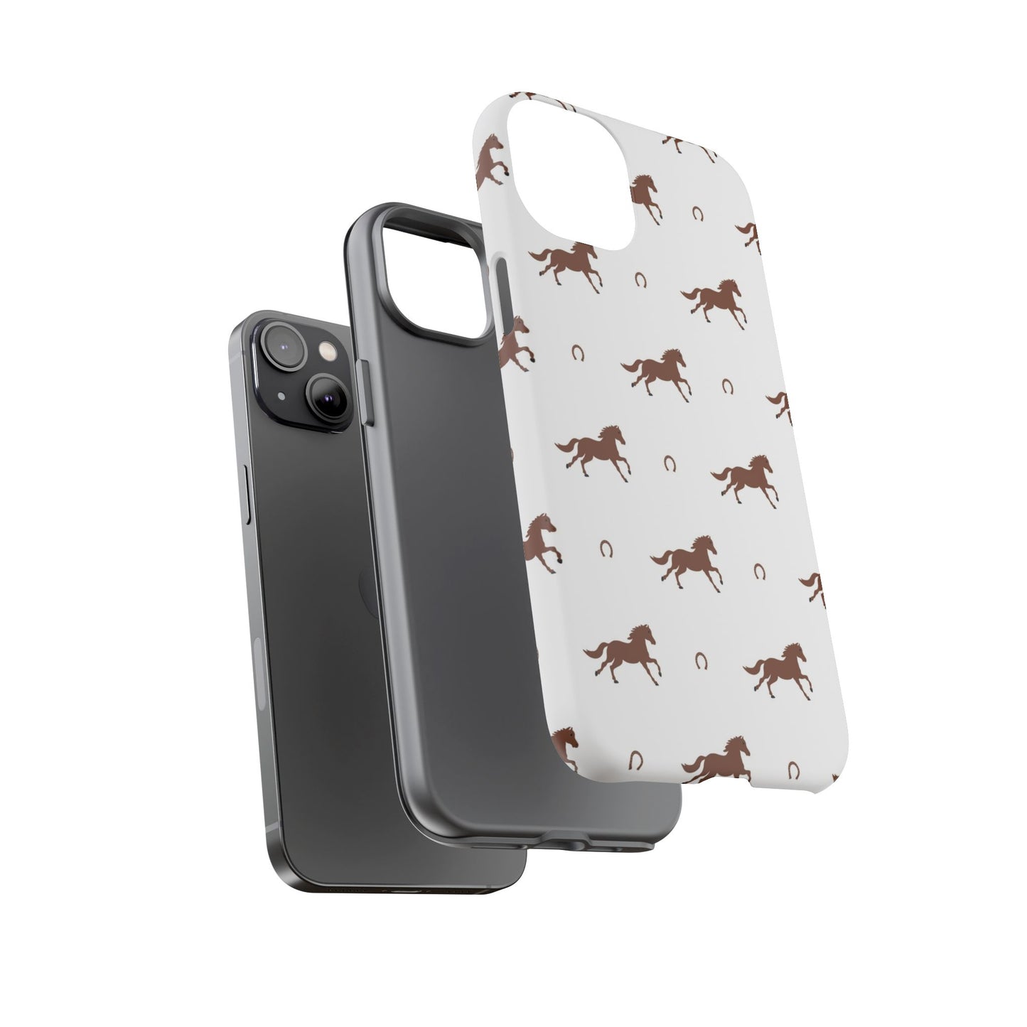 Horse Pattern Tough Phone Case — Brown Galloping Horses & Horseshoes on White