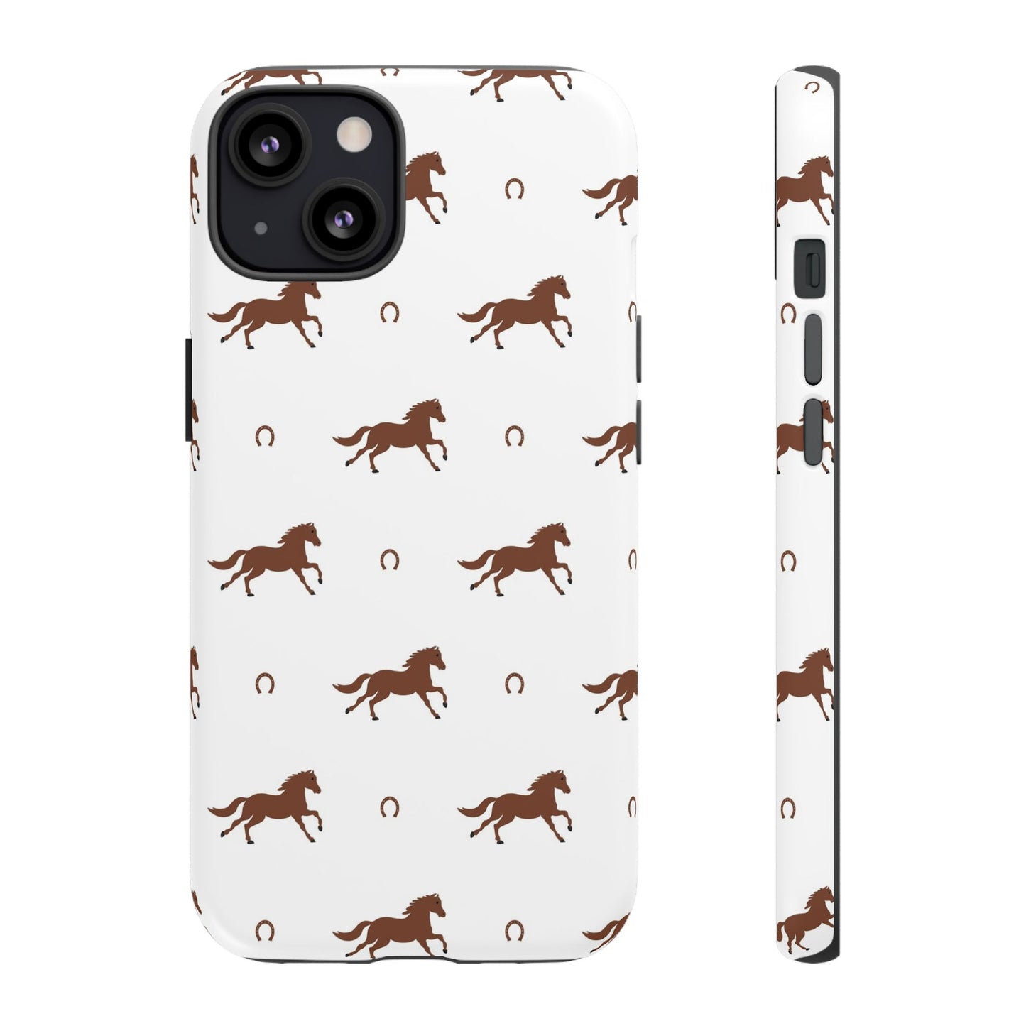 Horse Pattern Tough Phone Case — Brown Galloping Horses & Horseshoes on White