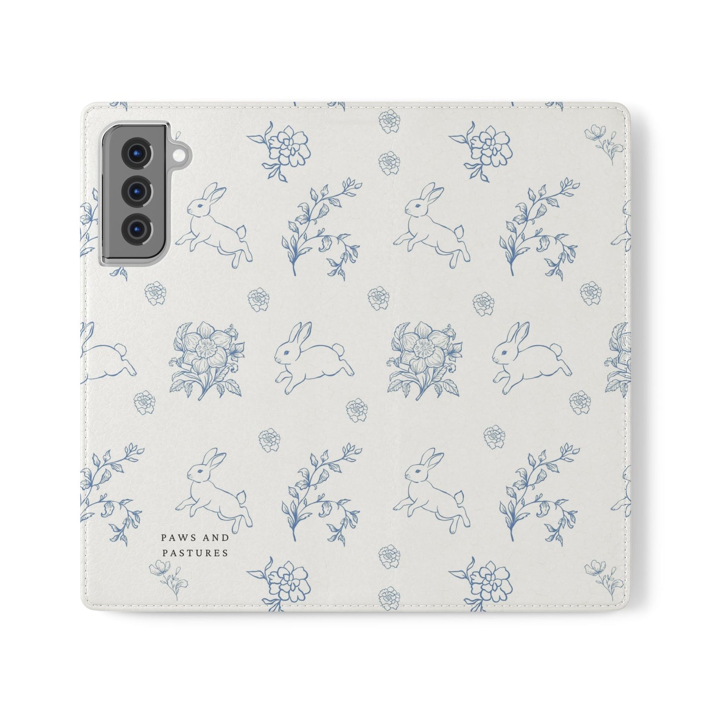 Bunny Pattern Flip Phone Case – Floral Blue Rabbit Wallet Cover