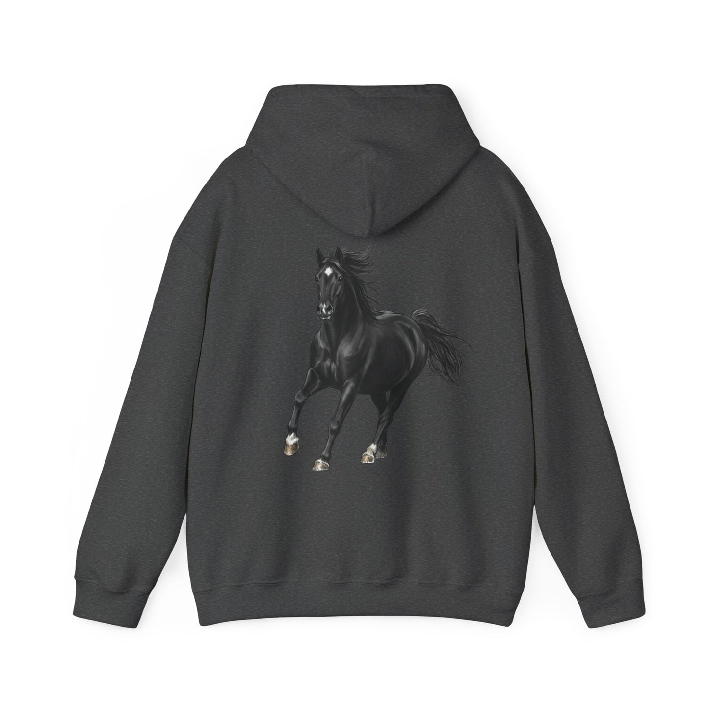 Horse Graphic Hoodie — Black Stallion Back Print, Minimal Front Text