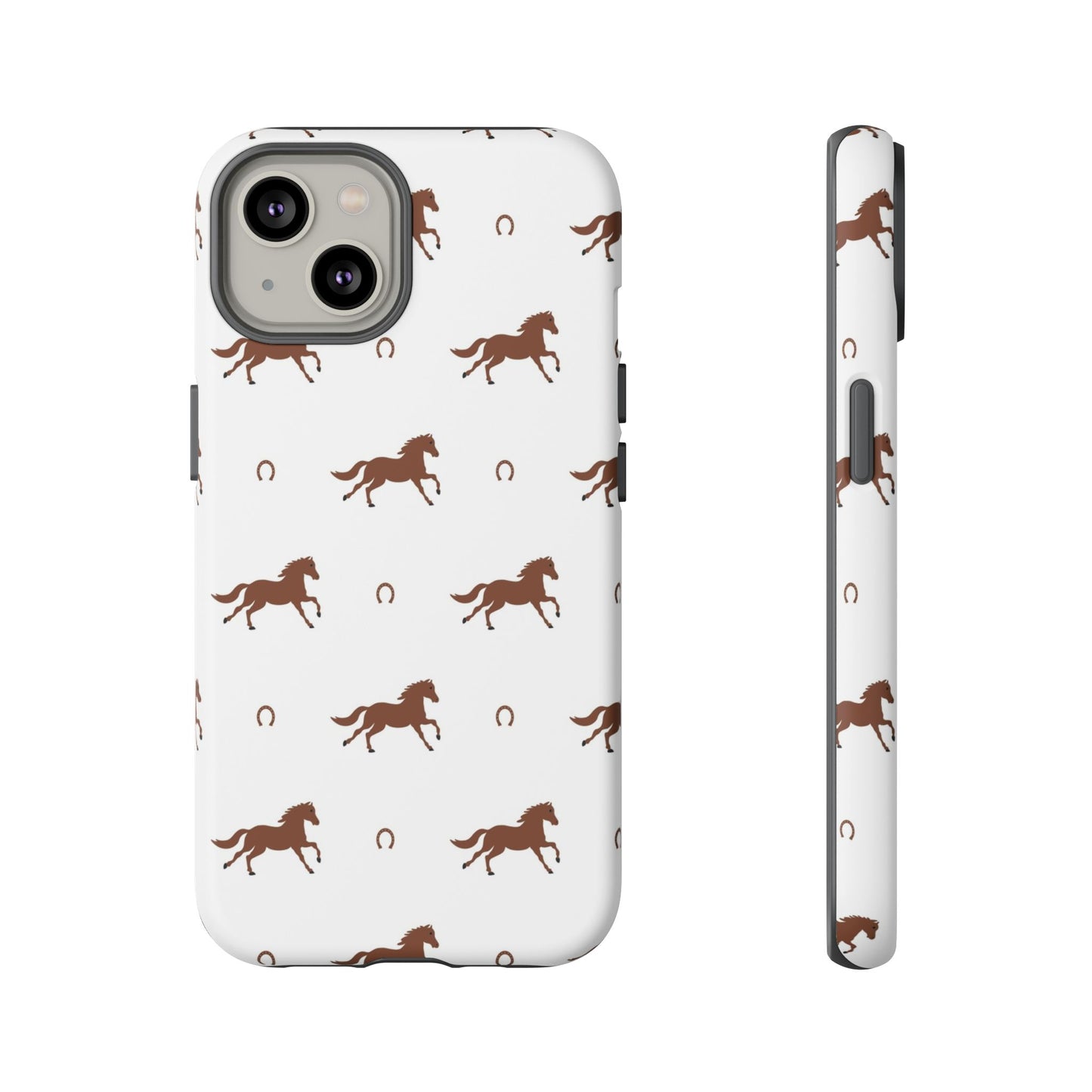 Horse Pattern Tough Phone Case — Brown Galloping Horses & Horseshoes on White