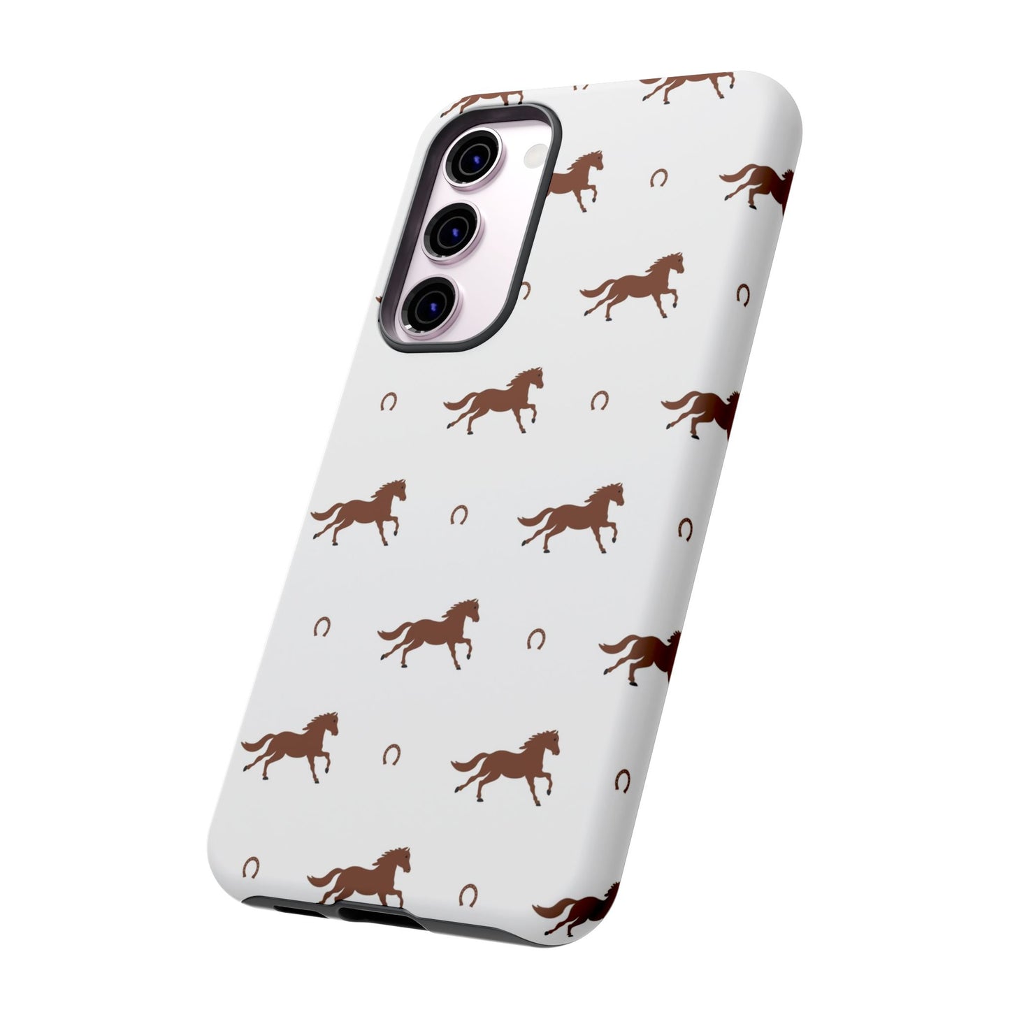 Horse Pattern Tough Phone Case — Brown Galloping Horses & Horseshoes on White