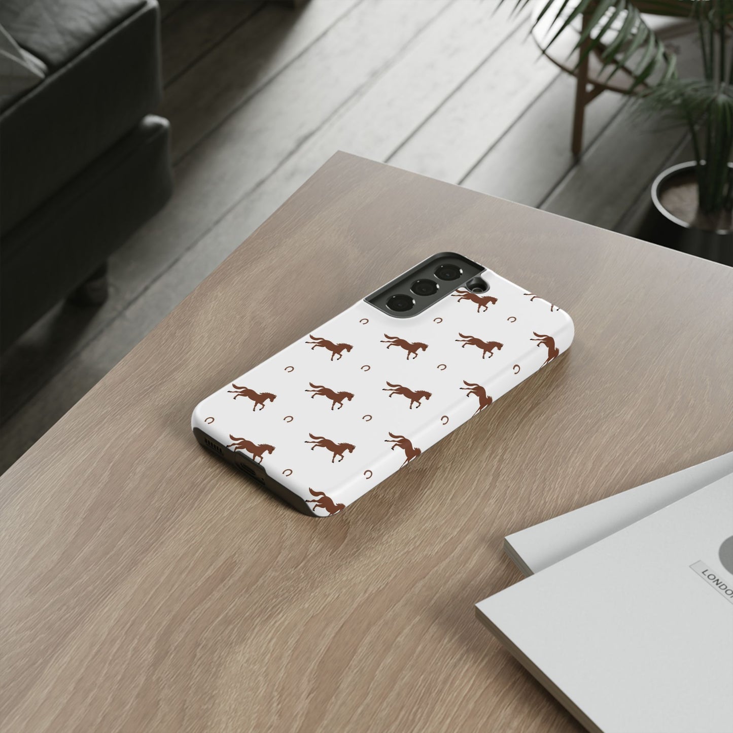 Horse Pattern Tough Phone Case — Brown Galloping Horses & Horseshoes on White