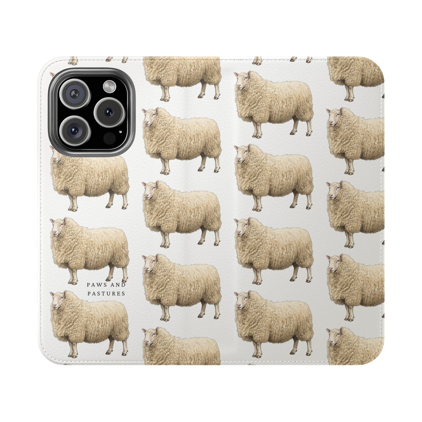 Cheviot Sheep Pattern Flip Phone Case – Cute Pastoral Wallet Cover with Card Slots