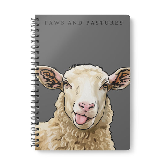 Grey Sheep Illustration Spiral Notebook — "Paws and Pastures" A5 Wirebound Journal