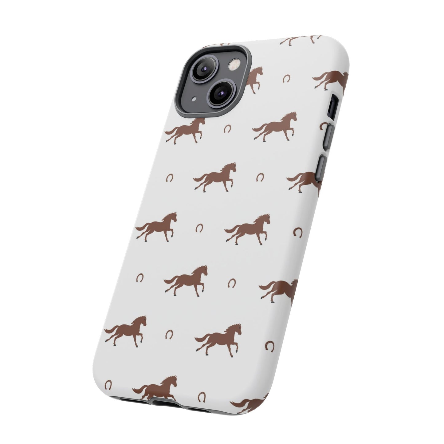 Horse Pattern Tough Phone Case — Brown Galloping Horses & Horseshoes on White