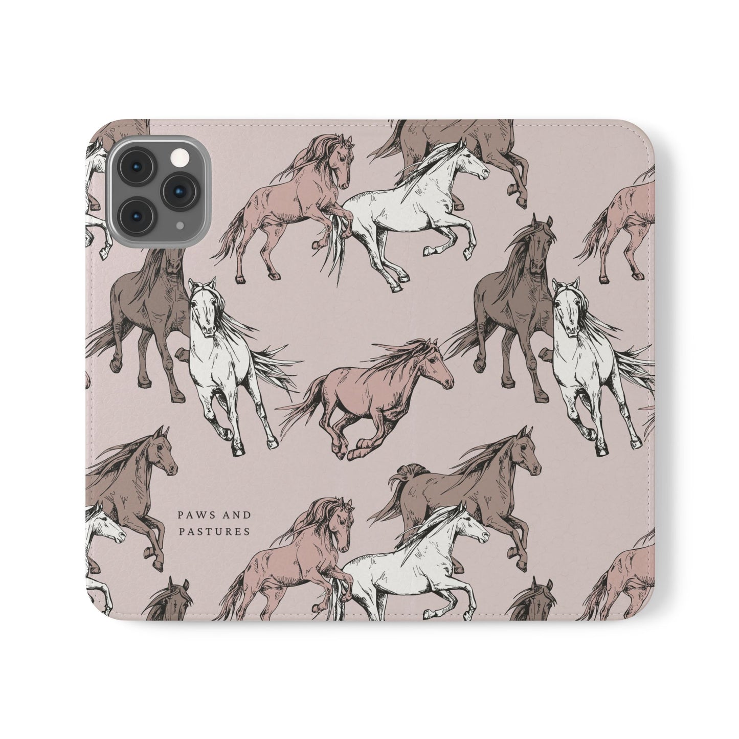 Horse Pattern Flip Phone Case — Pink Running Horses Wallet Cover