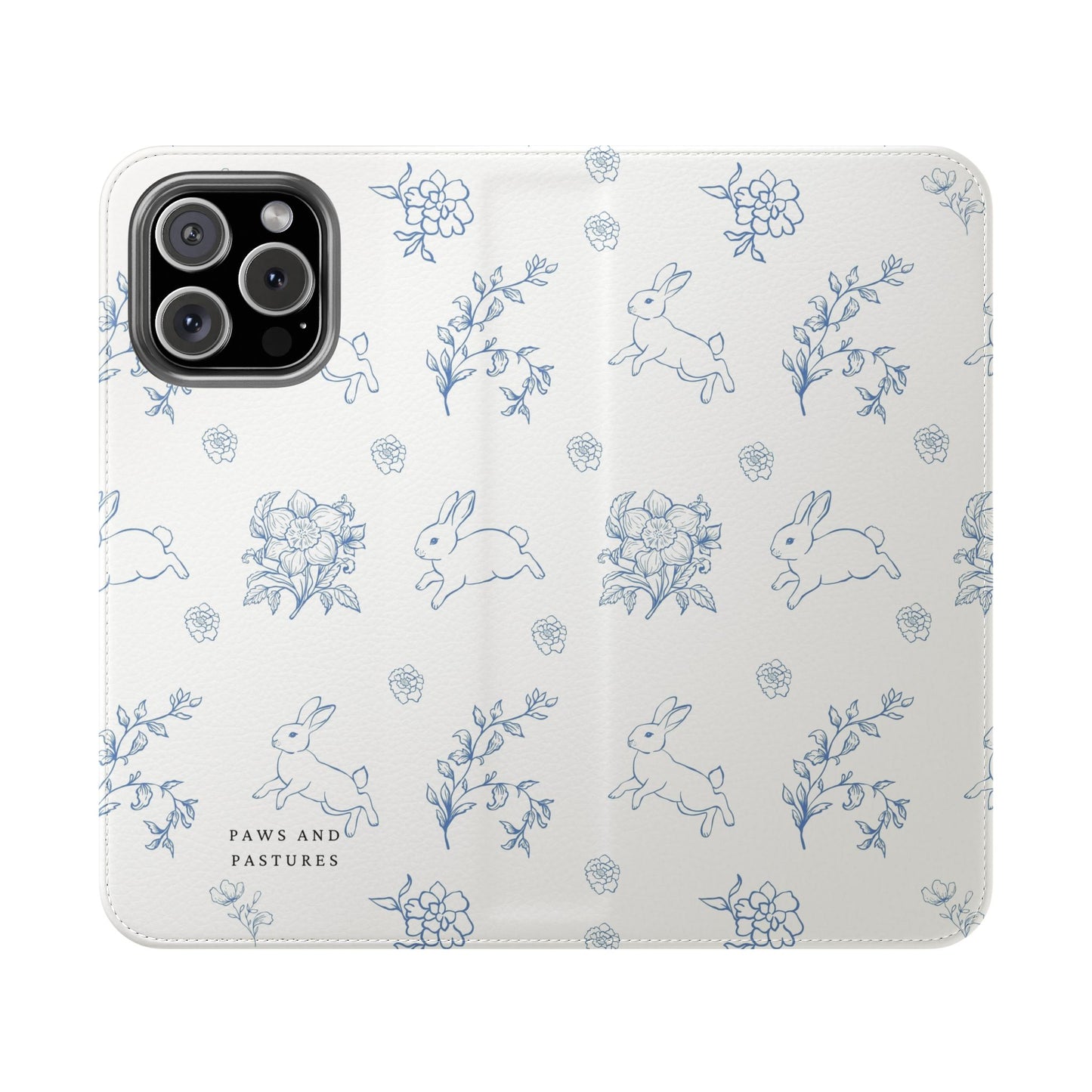 Bunny Pattern Flip Phone Case – Floral Blue Rabbit Wallet Cover