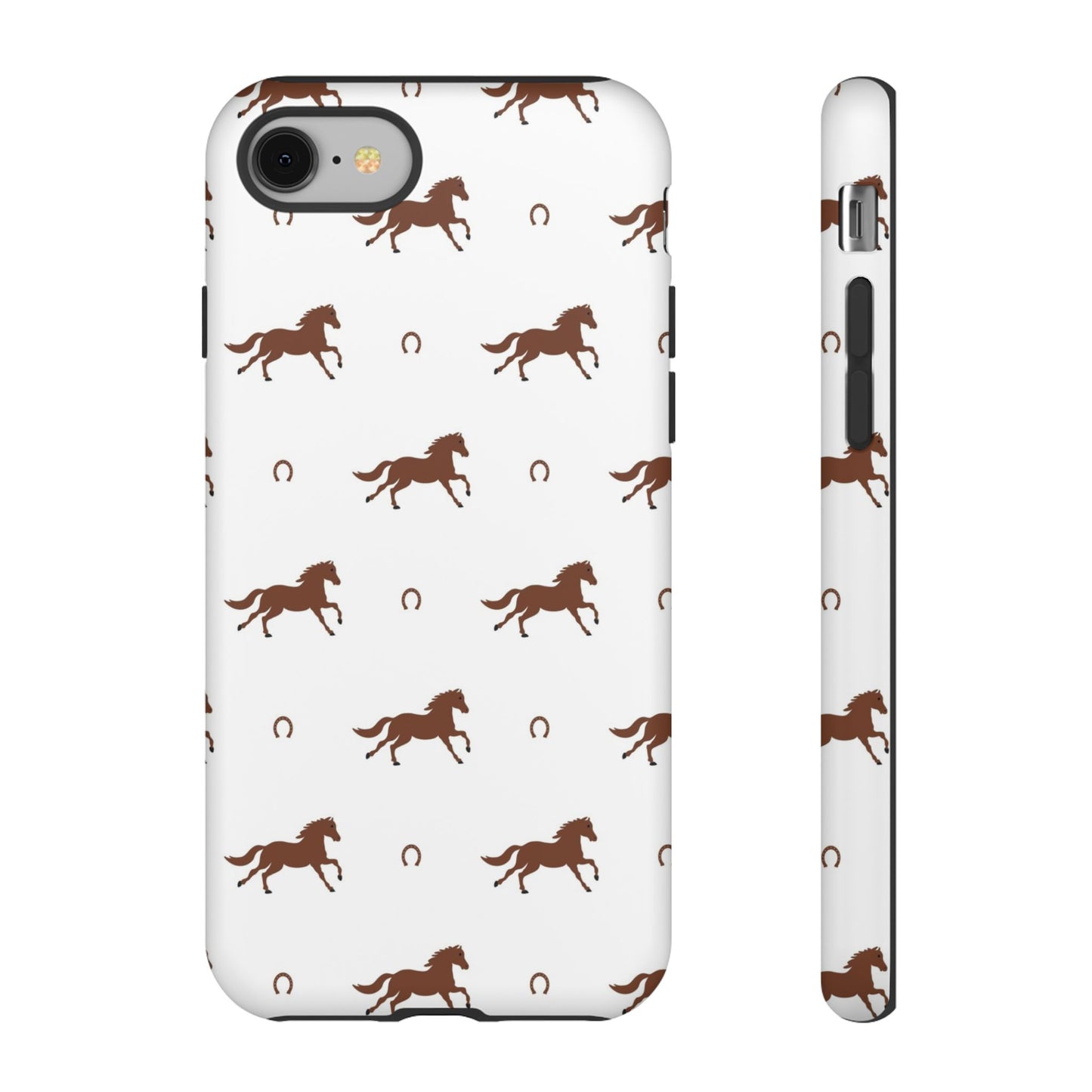 Horse Pattern Tough Phone Case — Brown Galloping Horses & Horseshoes on White