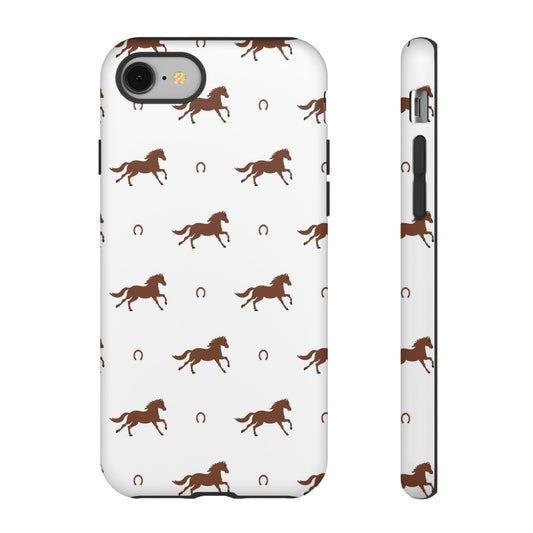 Horse Pattern Tough Phone Case — Brown Galloping Horses & Horseshoes on White