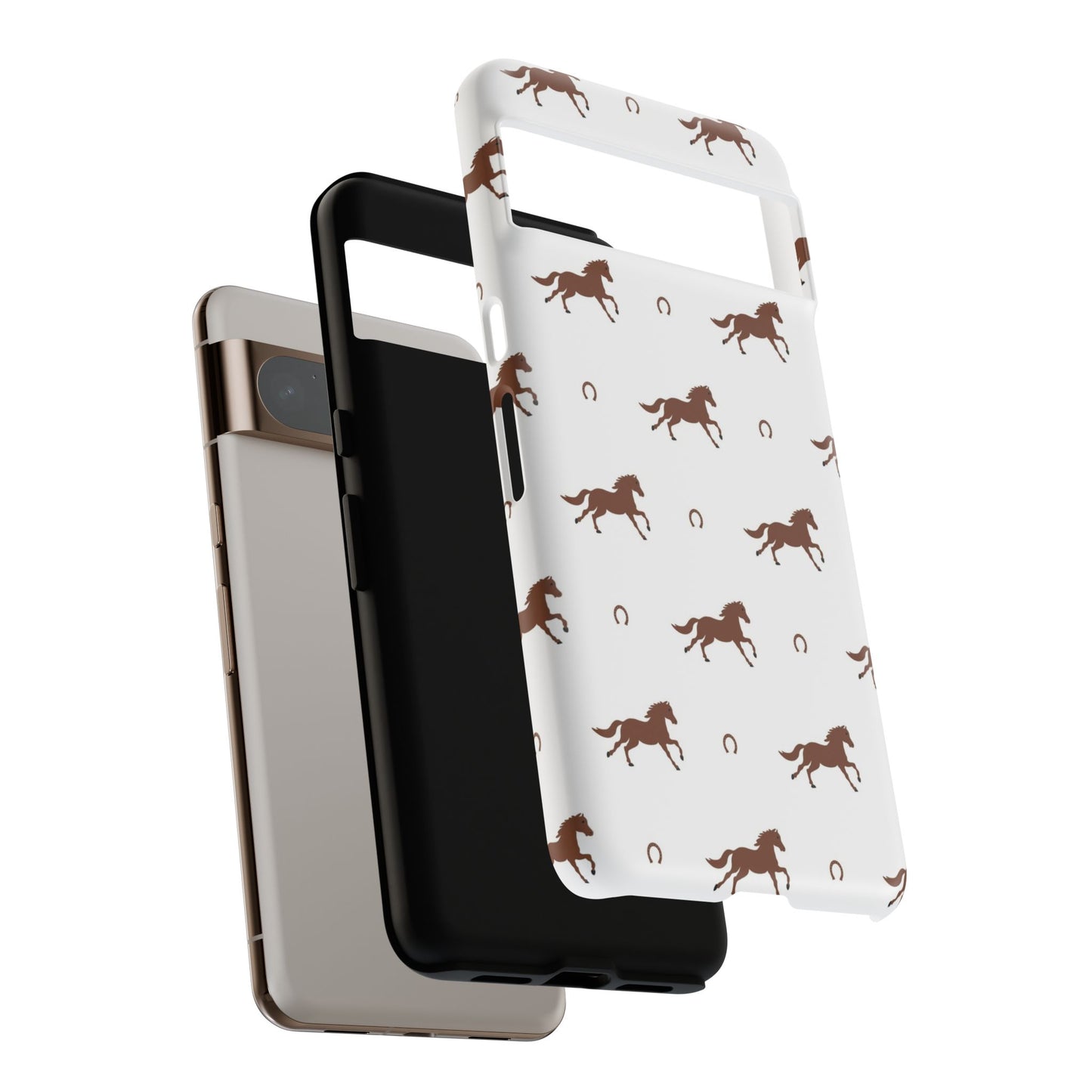 Horse Pattern Tough Phone Case — Brown Galloping Horses & Horseshoes on White