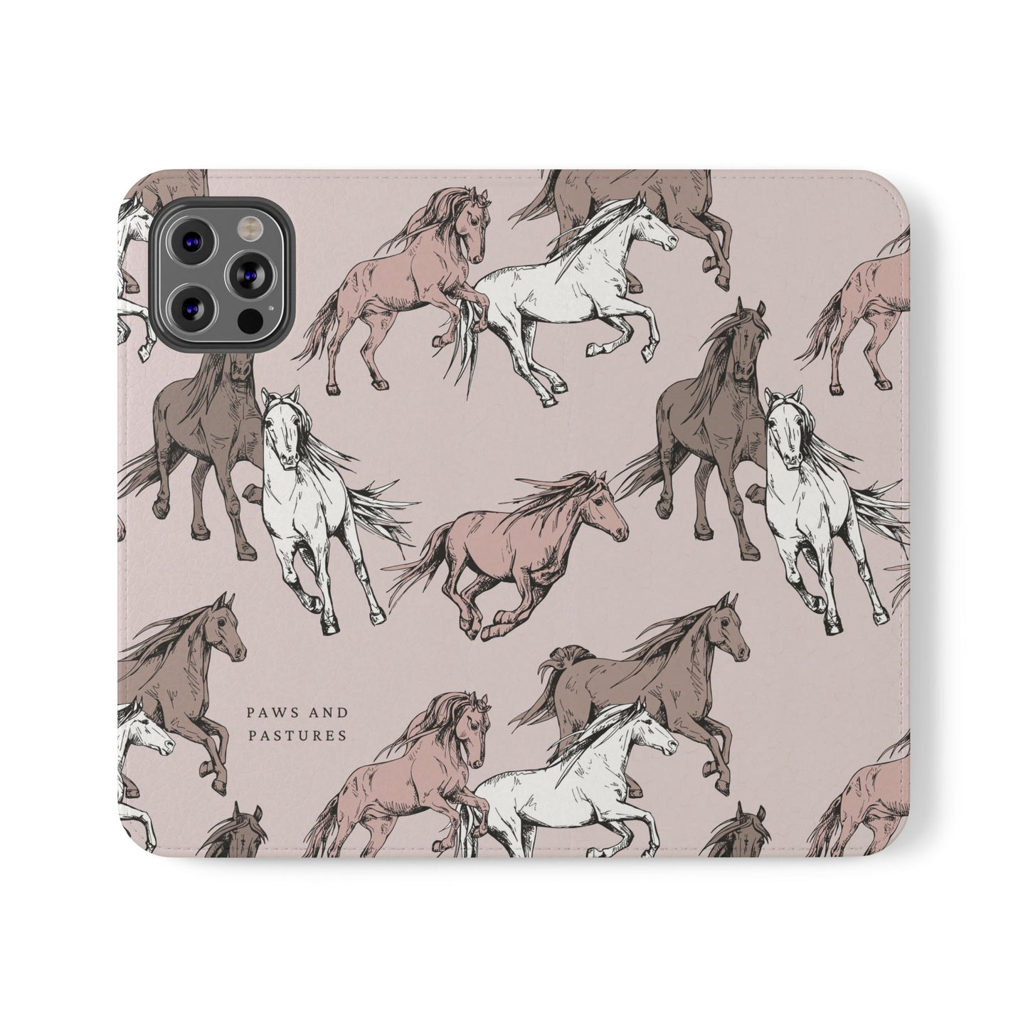 Horse Pattern Flip Phone Case — Pink Running Horses Wallet Cover