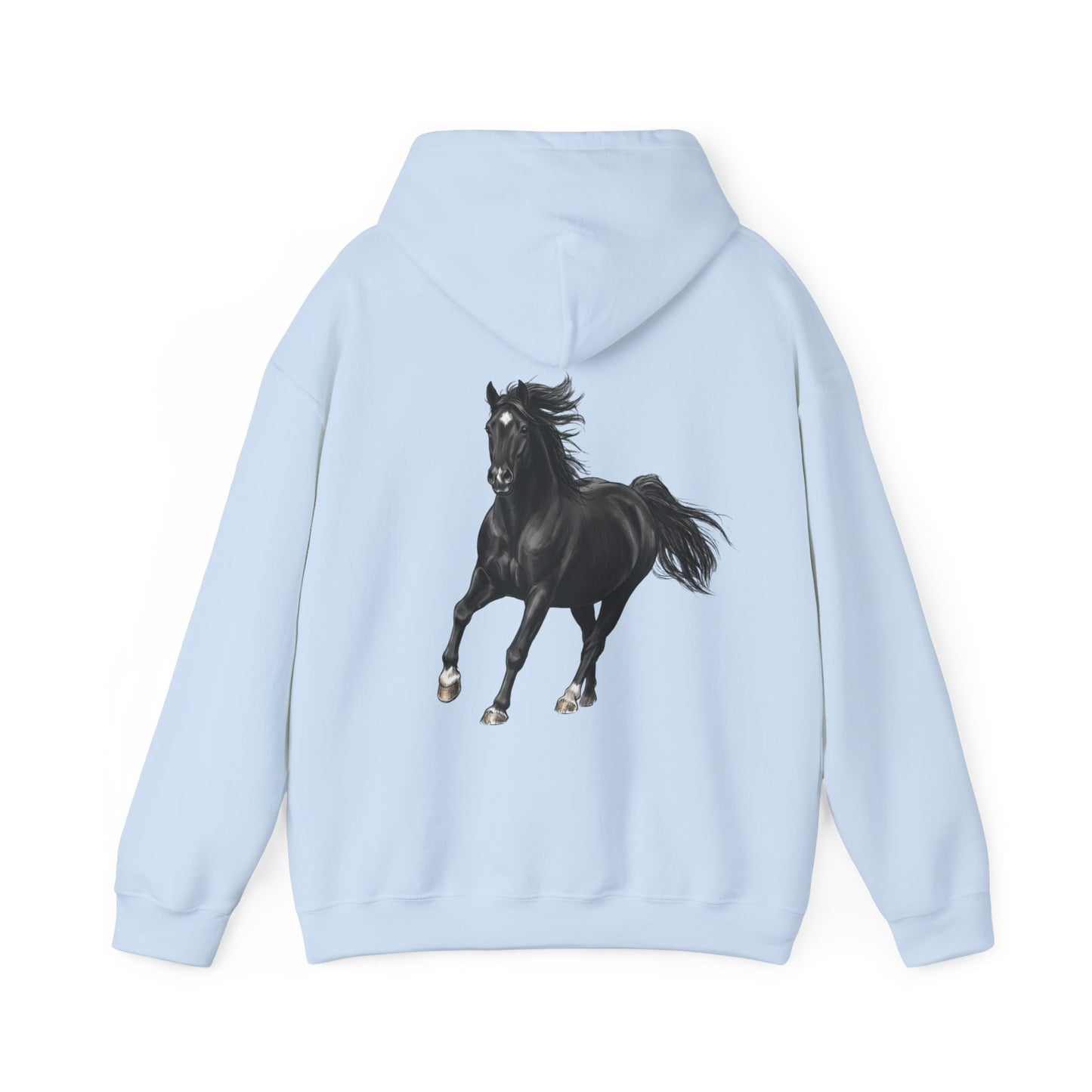 Horse Graphic Hoodie — Black Stallion Back Print, Minimal Front Text