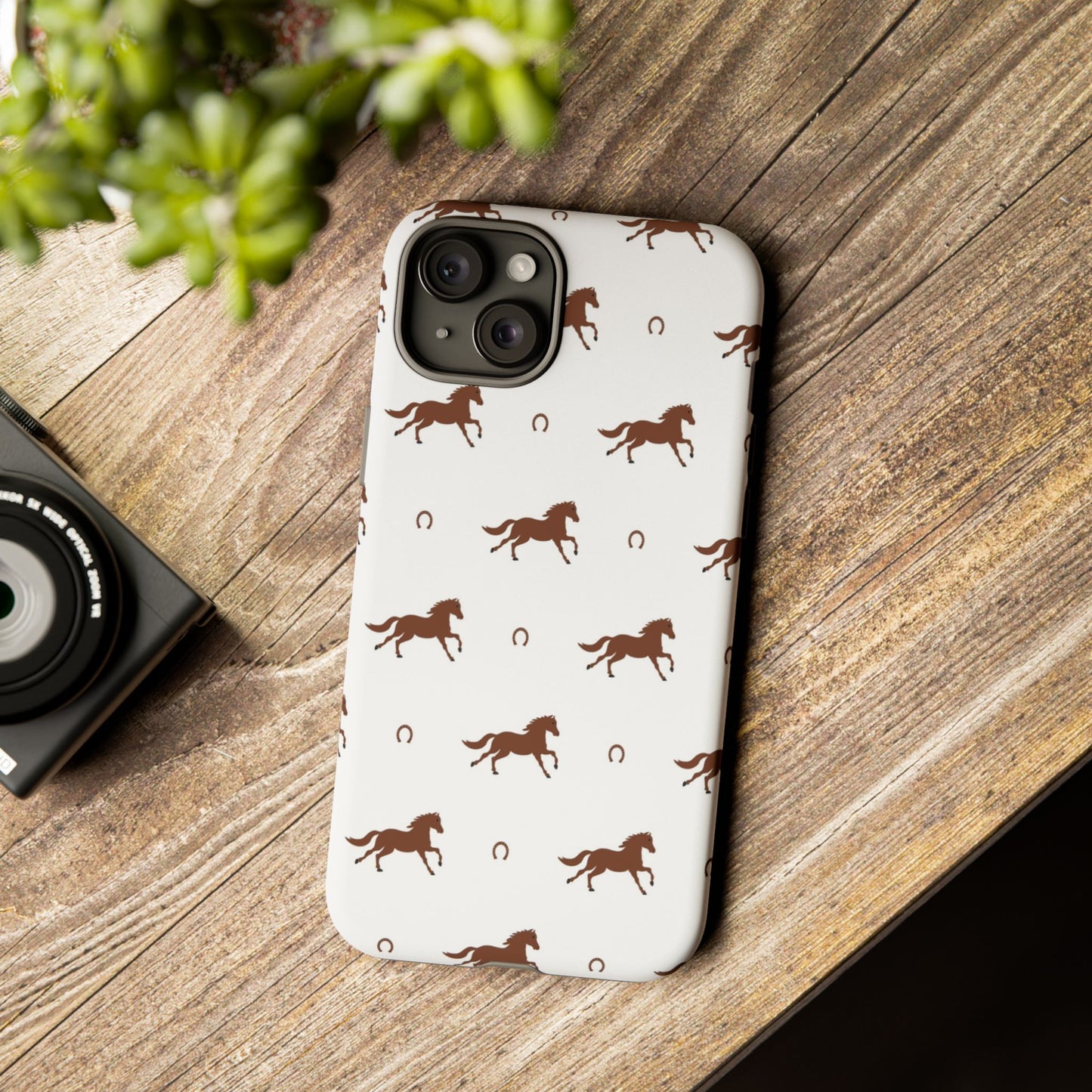 Horse Pattern Tough Phone Case — Brown Galloping Horses & Horseshoes on White