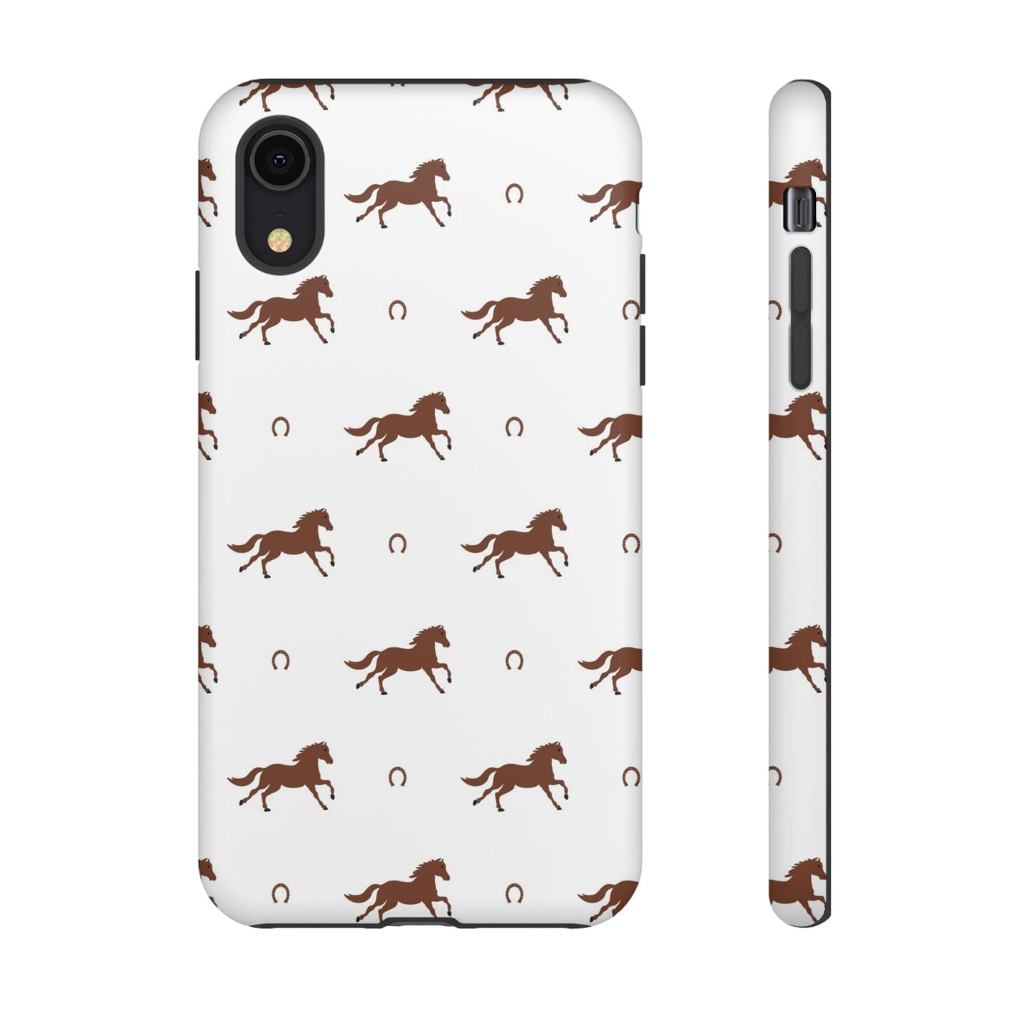Horse Pattern Tough Phone Case — Brown Galloping Horses & Horseshoes on White