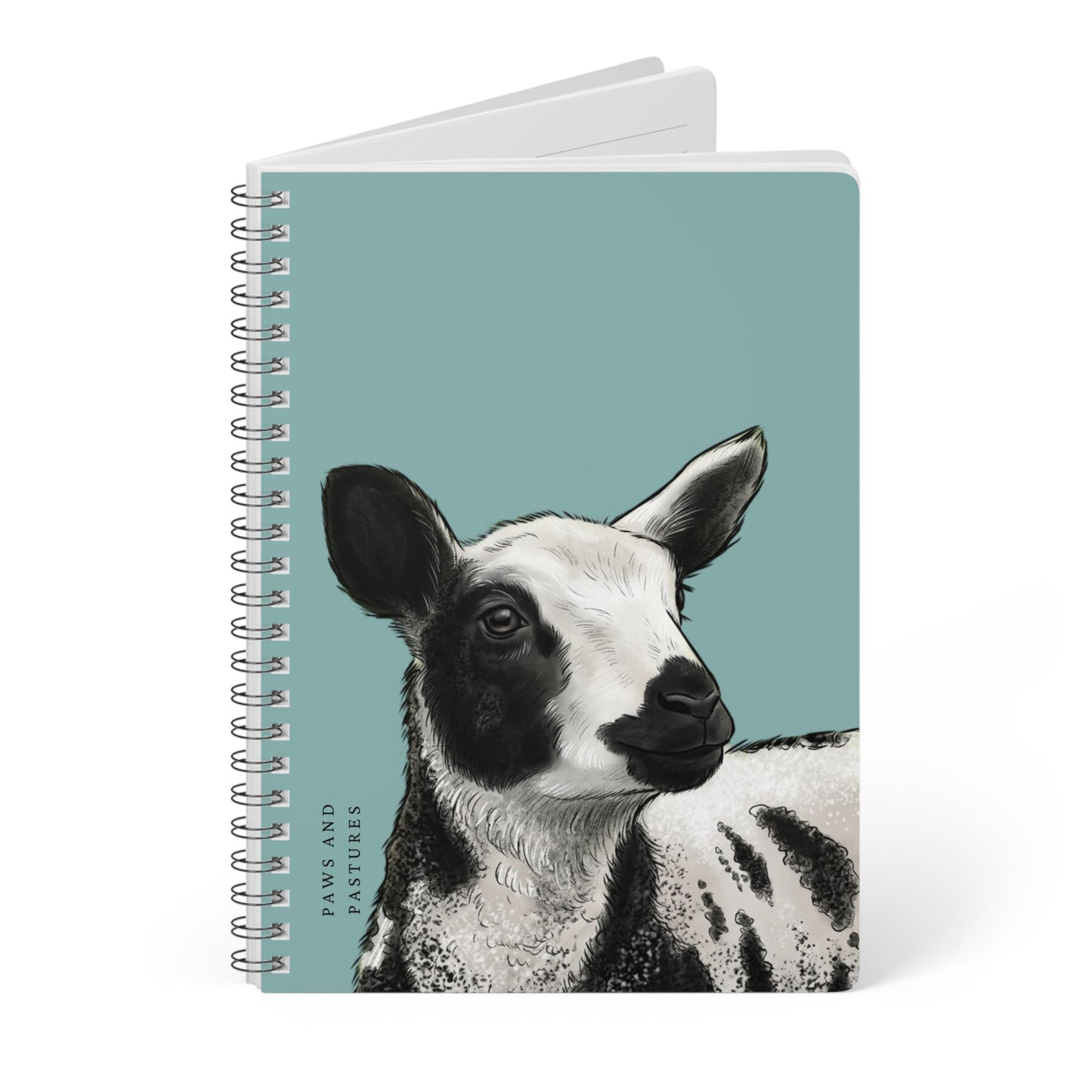 Teal Dutch Spotted Sheep A5 Spiral Notebook — Black & White Lamb Illustration (“Paws and Pastures”)