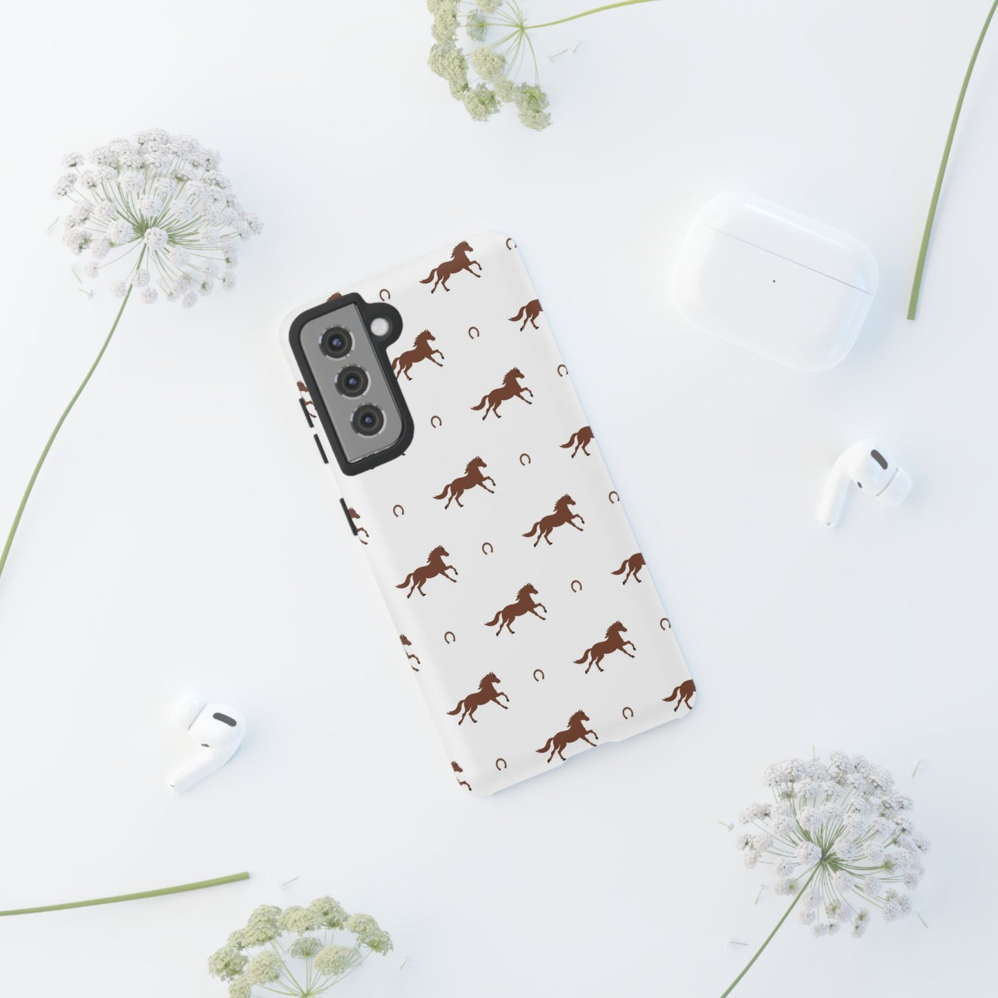 Horse Pattern Tough Phone Case — Brown Galloping Horses & Horseshoes on White