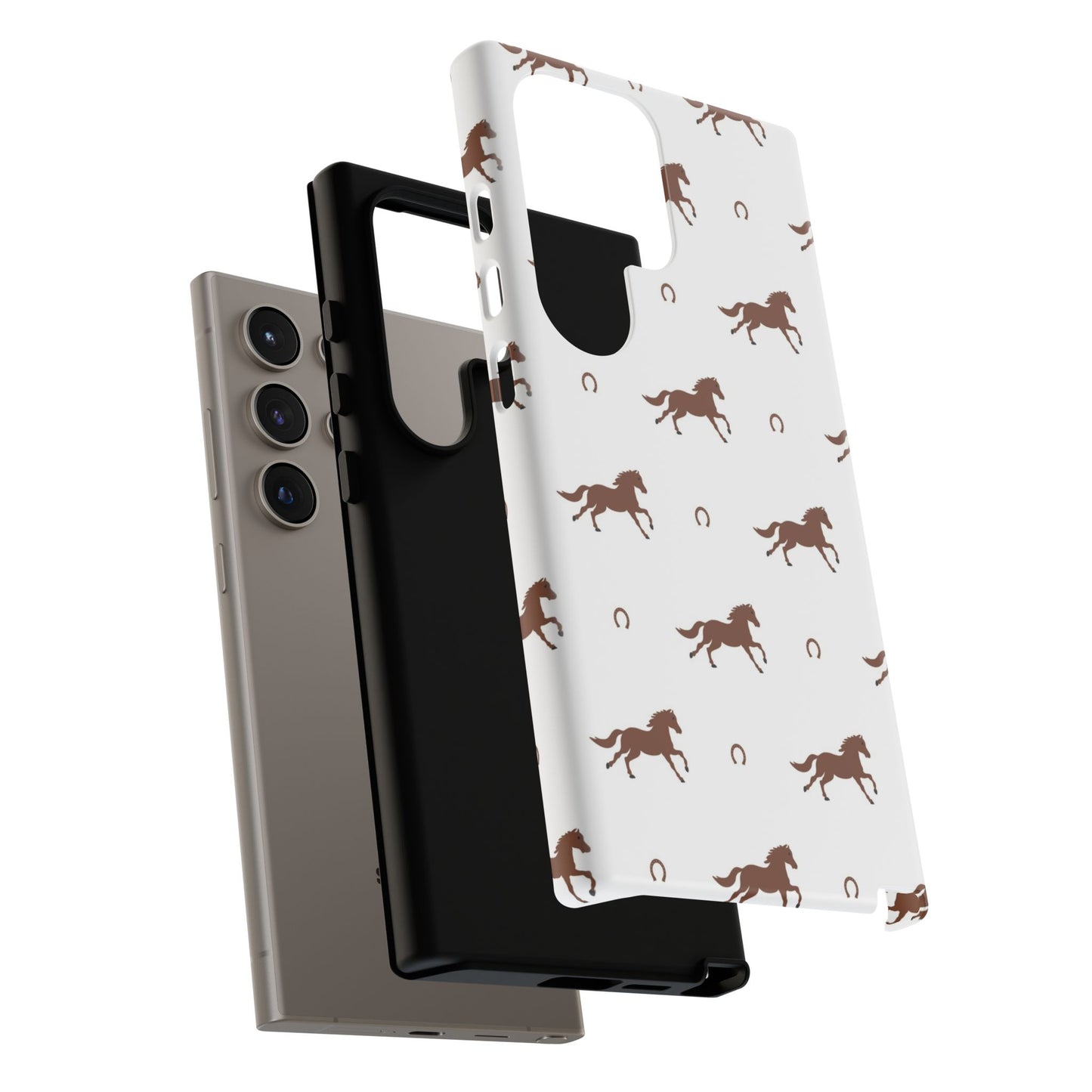 Horse Pattern Tough Phone Case — Brown Galloping Horses & Horseshoes on White