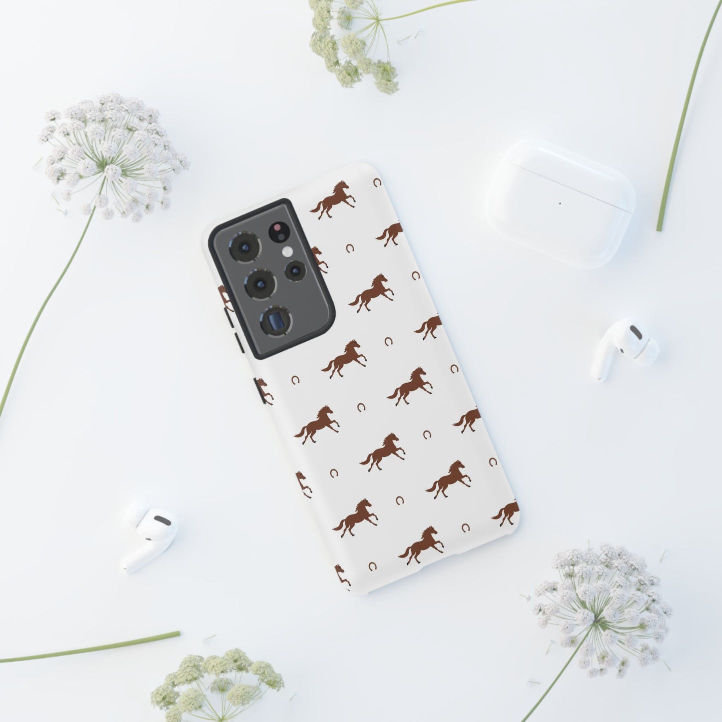 Horse Pattern Tough Phone Case — Brown Galloping Horses & Horseshoes on White