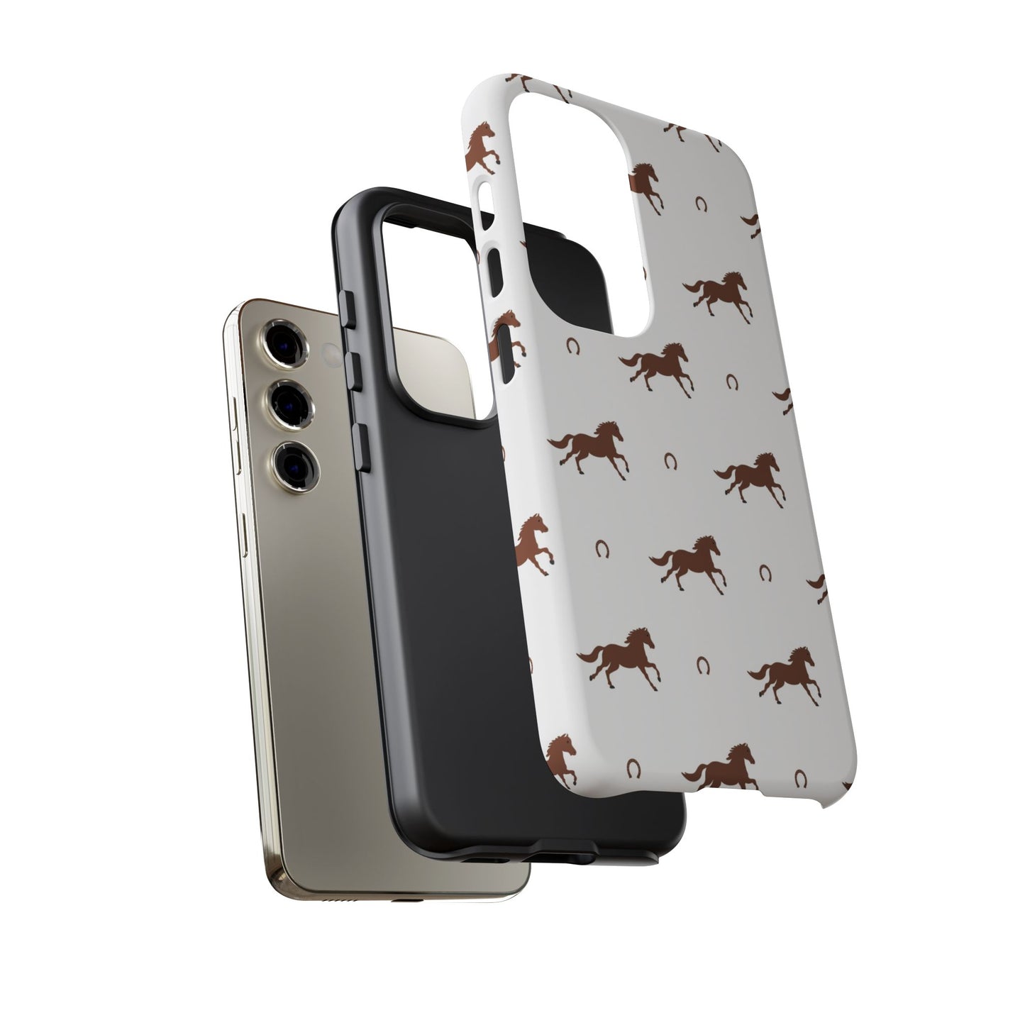 Horse Pattern Tough Phone Case — Brown Galloping Horses & Horseshoes on White