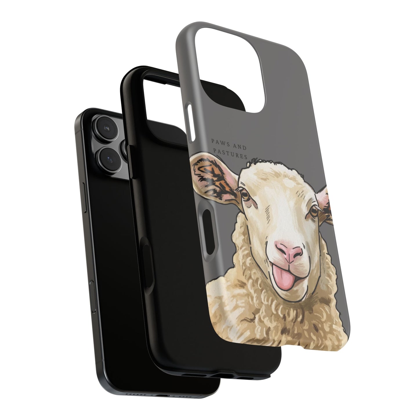 Grey Silly Sheep Phone Case — Cute Tongue-Out Lamb on Pink Protective Tough Case