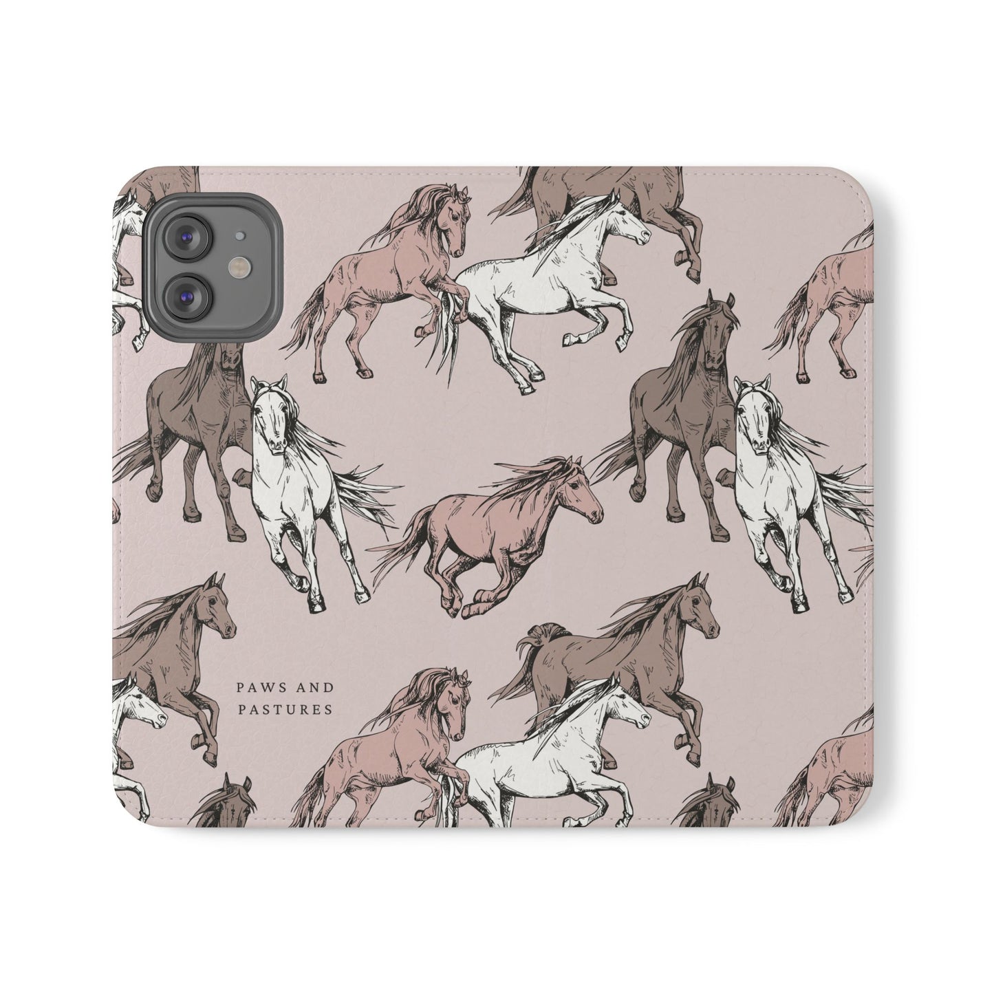 Horse Pattern Flip Phone Case — Pink Running Horses Wallet Cover