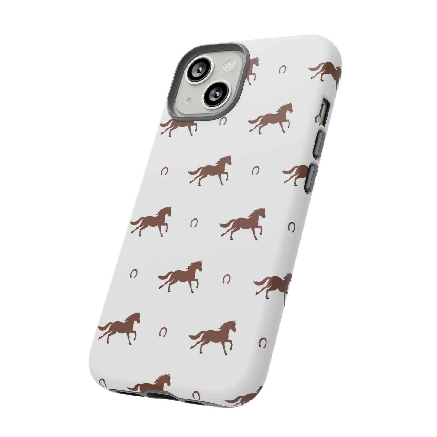 Horse Pattern Tough Phone Case — Brown Galloping Horses & Horseshoes on White