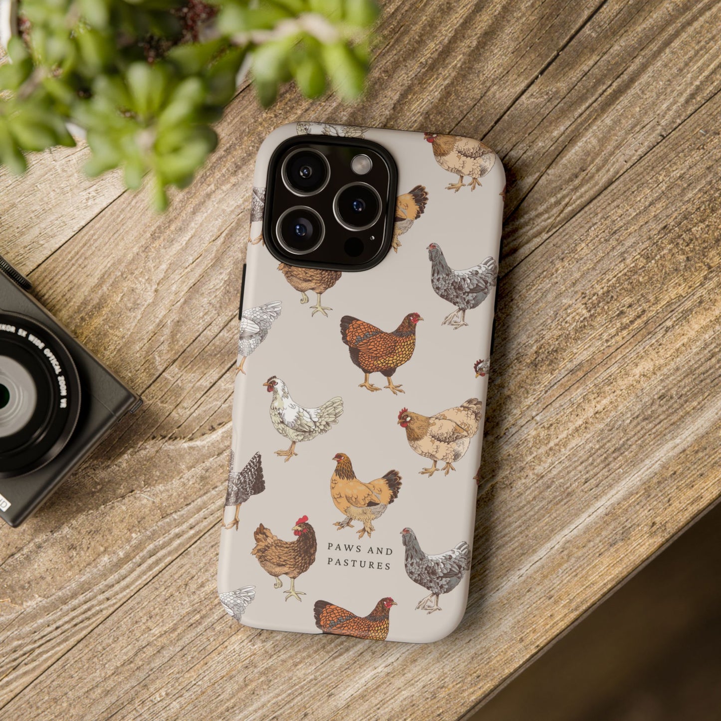 Chicken Pattern Phone Case — Cute Farmyard iPhone Case with 'Paws and Pastures' Text