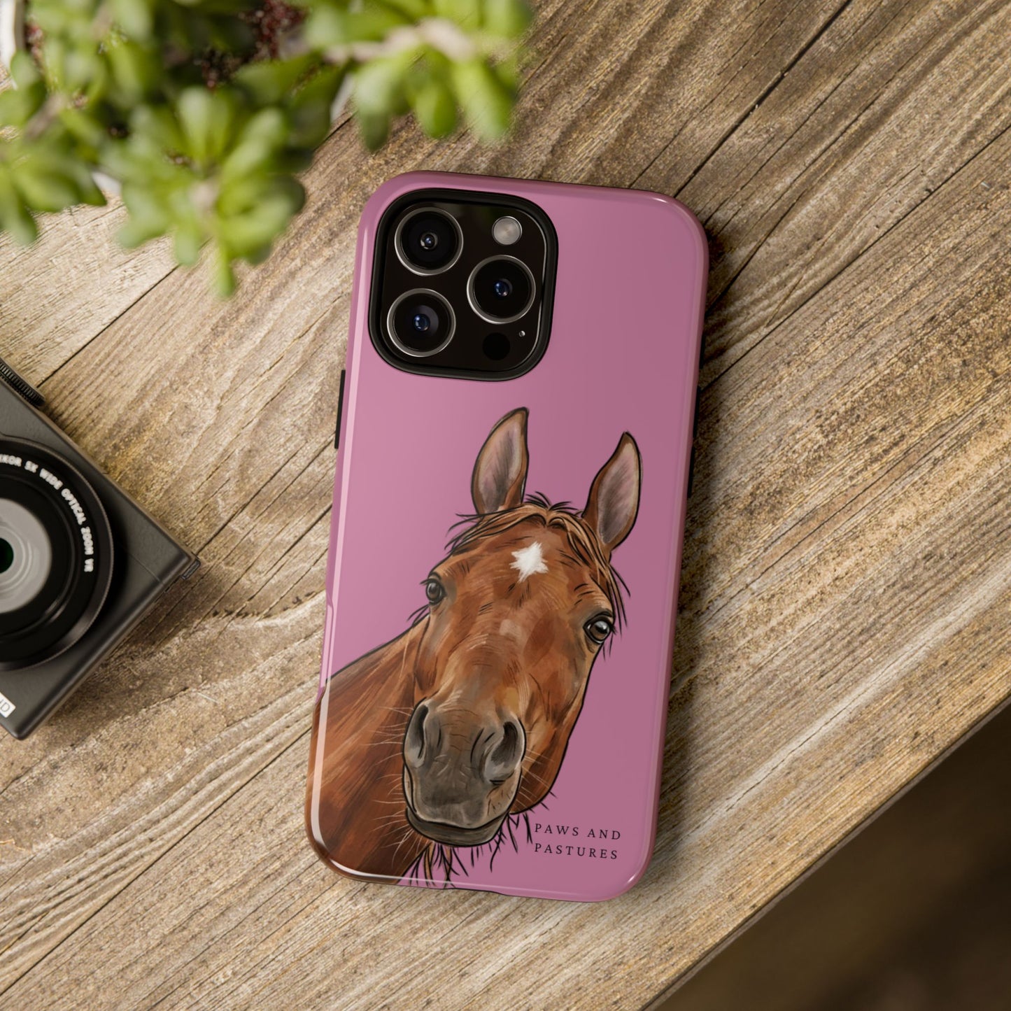 Pink Horse Portrait Phone Case — Cute Brown Horse on Pink Protective Cover