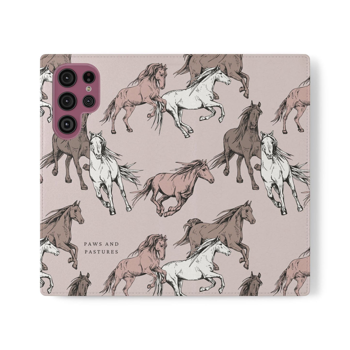 Horse Pattern Flip Phone Case — Pink Running Horses Wallet Cover