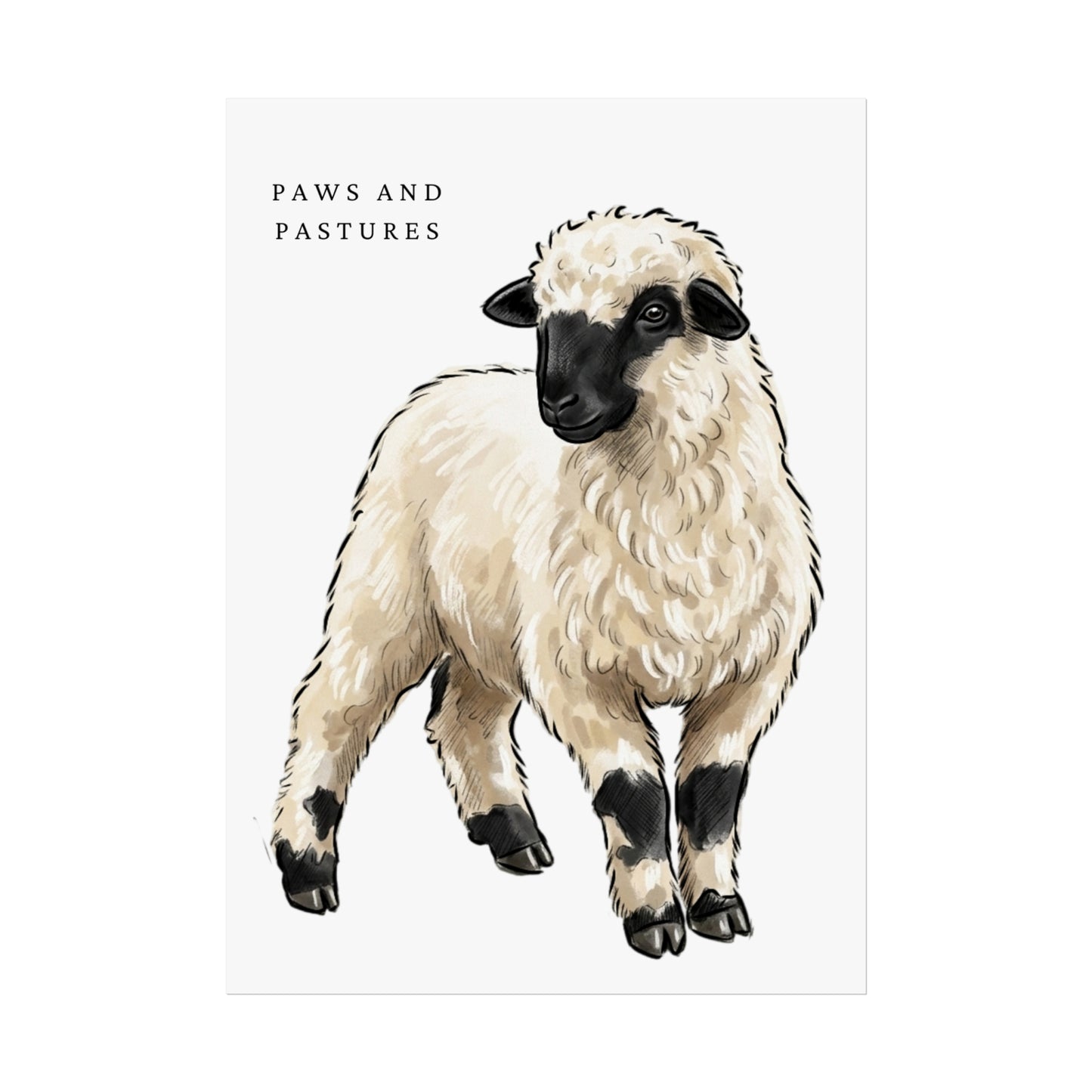 Valais Blacknose Sheep Portrait Fine Art Poster — 'Paws and Pastures' Rustic Farmhouse Wall Art