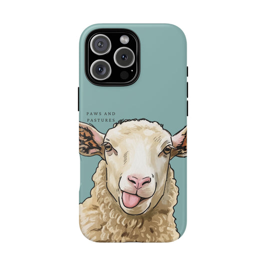Teal Silly Sheep Phone Case — Cute Tongue-Out Lamb on Pink Protective Tough Case