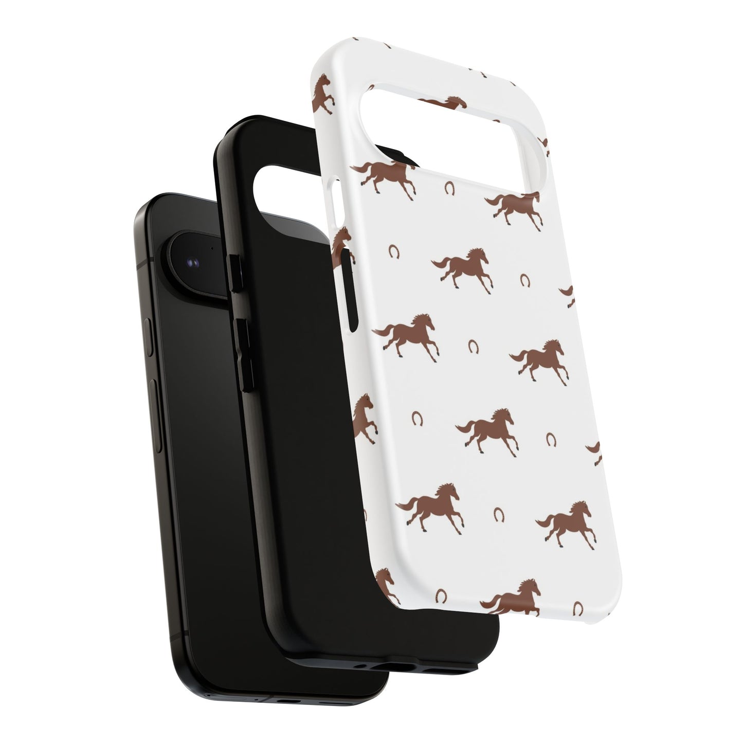 Horse Pattern Tough Phone Case — Brown Galloping Horses & Horseshoes on White