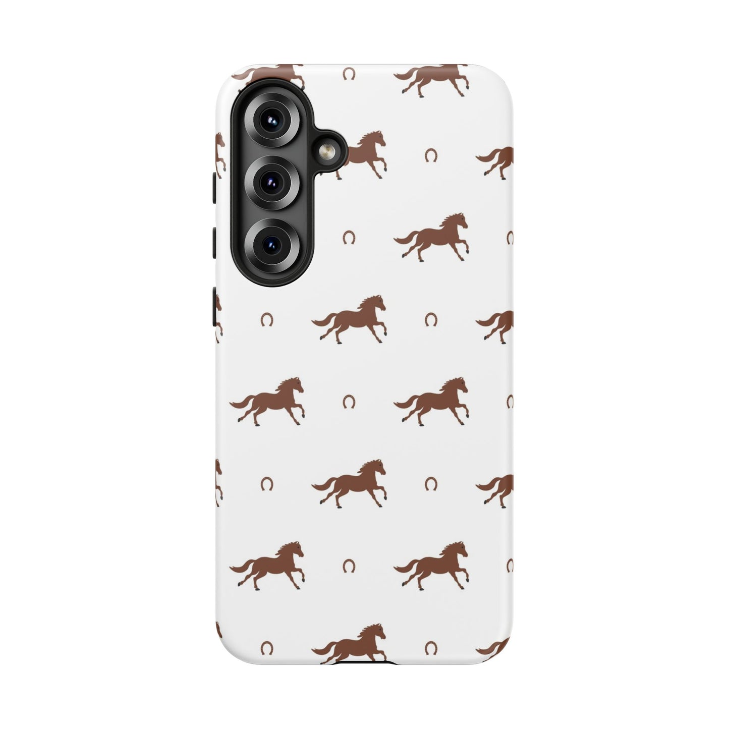 Horse Pattern Tough Phone Case — Brown Galloping Horses & Horseshoes on White