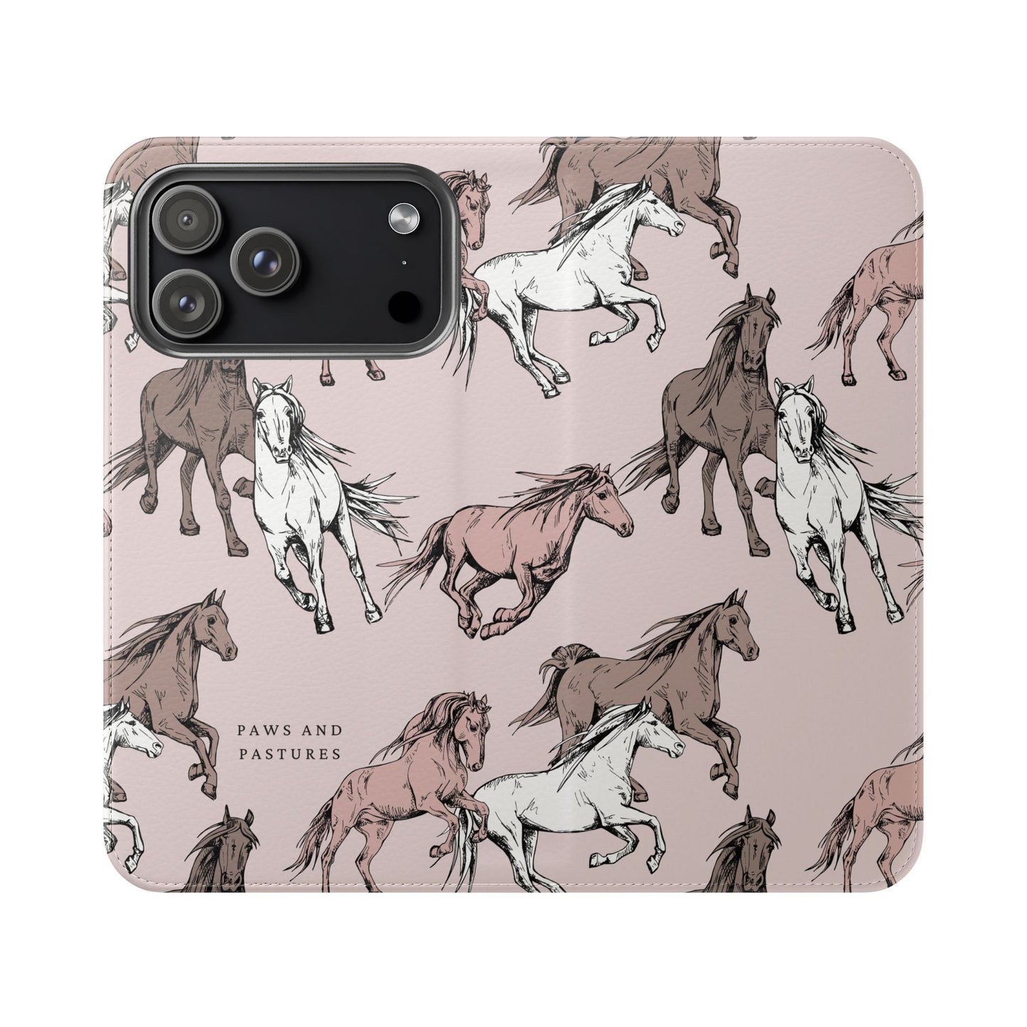 Horse Pattern Flip Phone Case — Pink Running Horses Wallet Cover