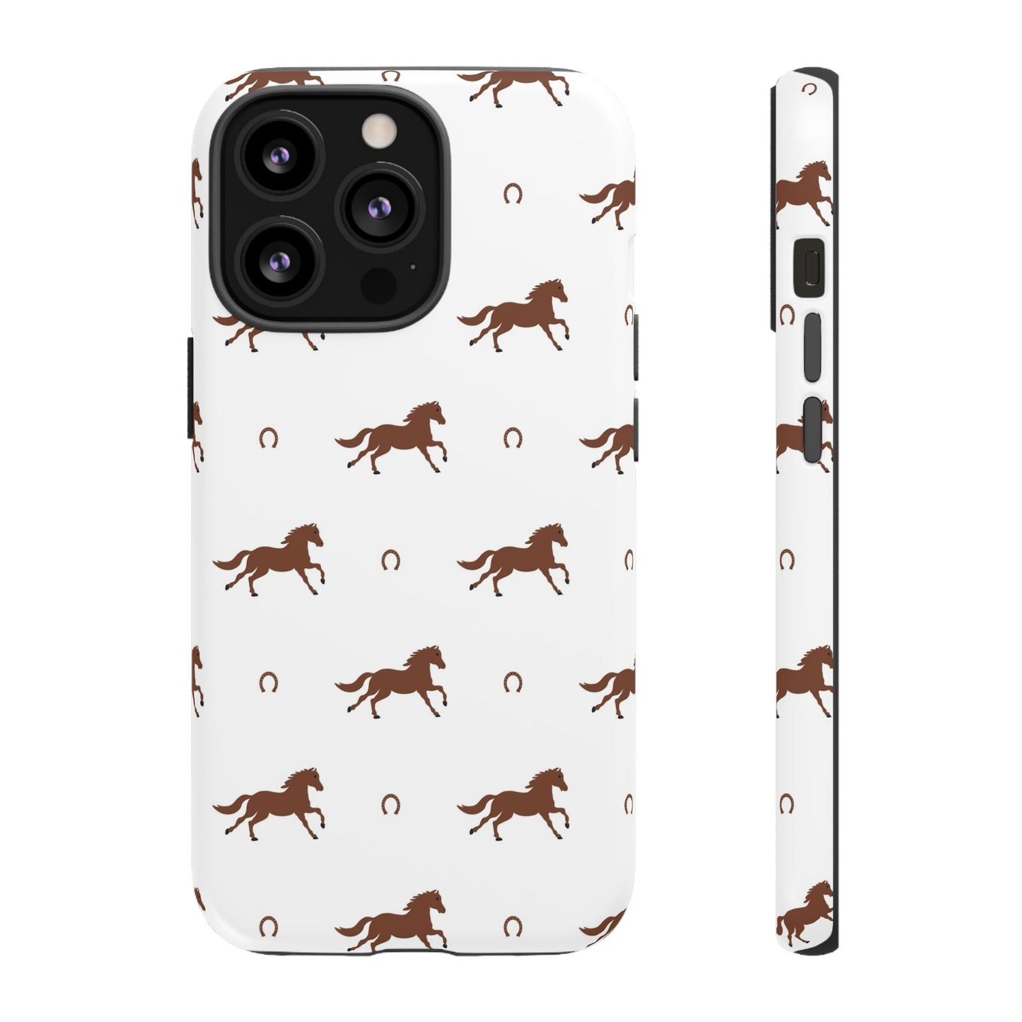 Horse Pattern Tough Phone Case — Brown Galloping Horses & Horseshoes on White