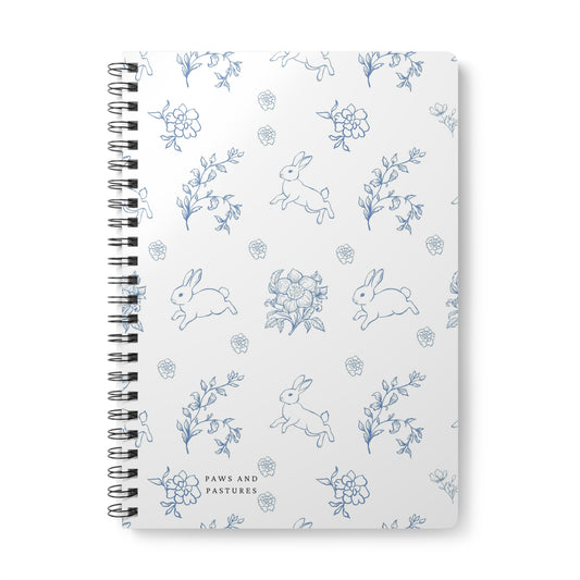 A5 Spiral Notebook — Blue Floral Bunny Pattern (Wirobound Softcover)