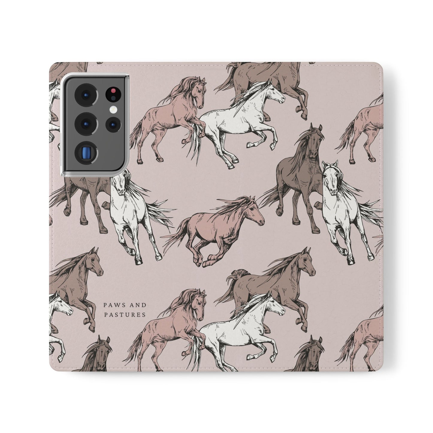 Horse Pattern Flip Phone Case — Pink Running Horses Wallet Cover