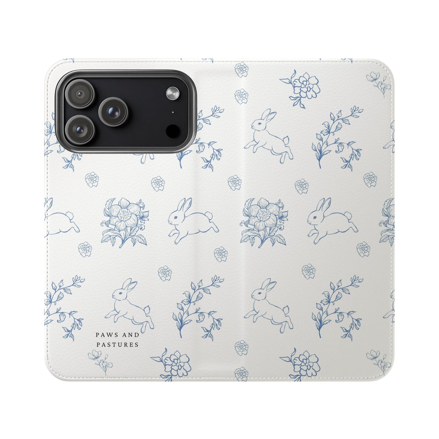 Bunny Pattern Flip Phone Case – Floral Blue Rabbit Wallet Cover