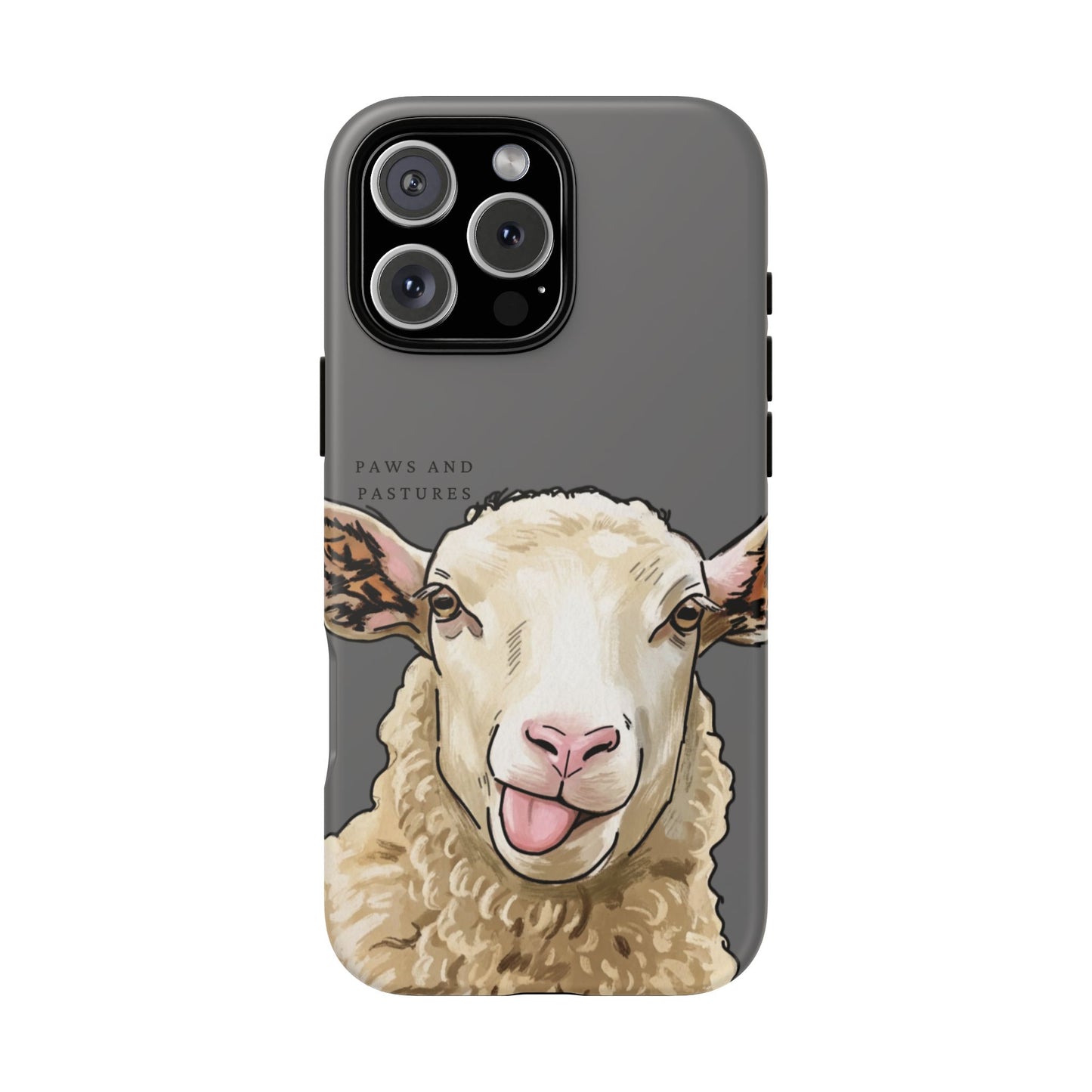 Grey Silly Sheep Phone Case — Cute Tongue-Out Lamb on Pink Protective Tough Case