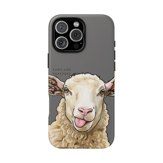 Grey Silly Sheep Phone Case — Cute Tongue-Out Lamb on Pink Protective Tough Case