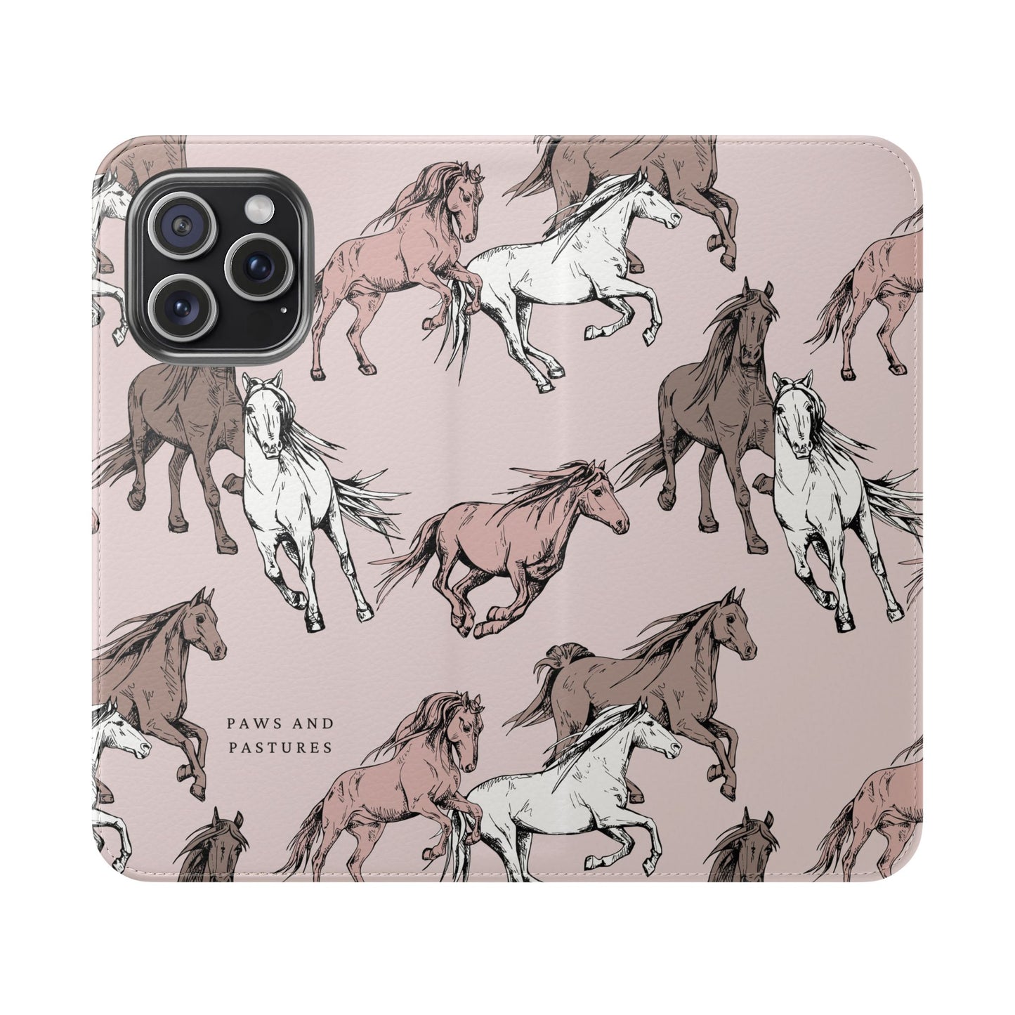 Horse Pattern Flip Phone Case — Pink Running Horses Wallet Cover