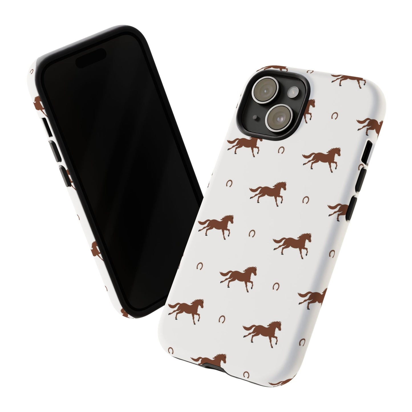 Horse Pattern Tough Phone Case — Brown Galloping Horses & Horseshoes on White