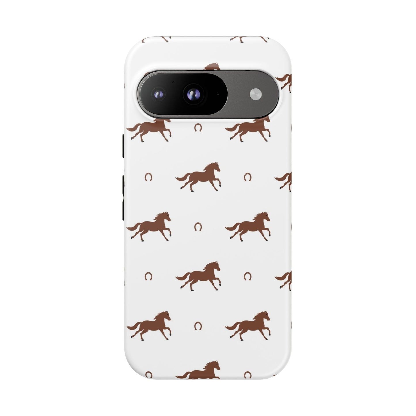 Horse Pattern Tough Phone Case — Brown Galloping Horses & Horseshoes on White